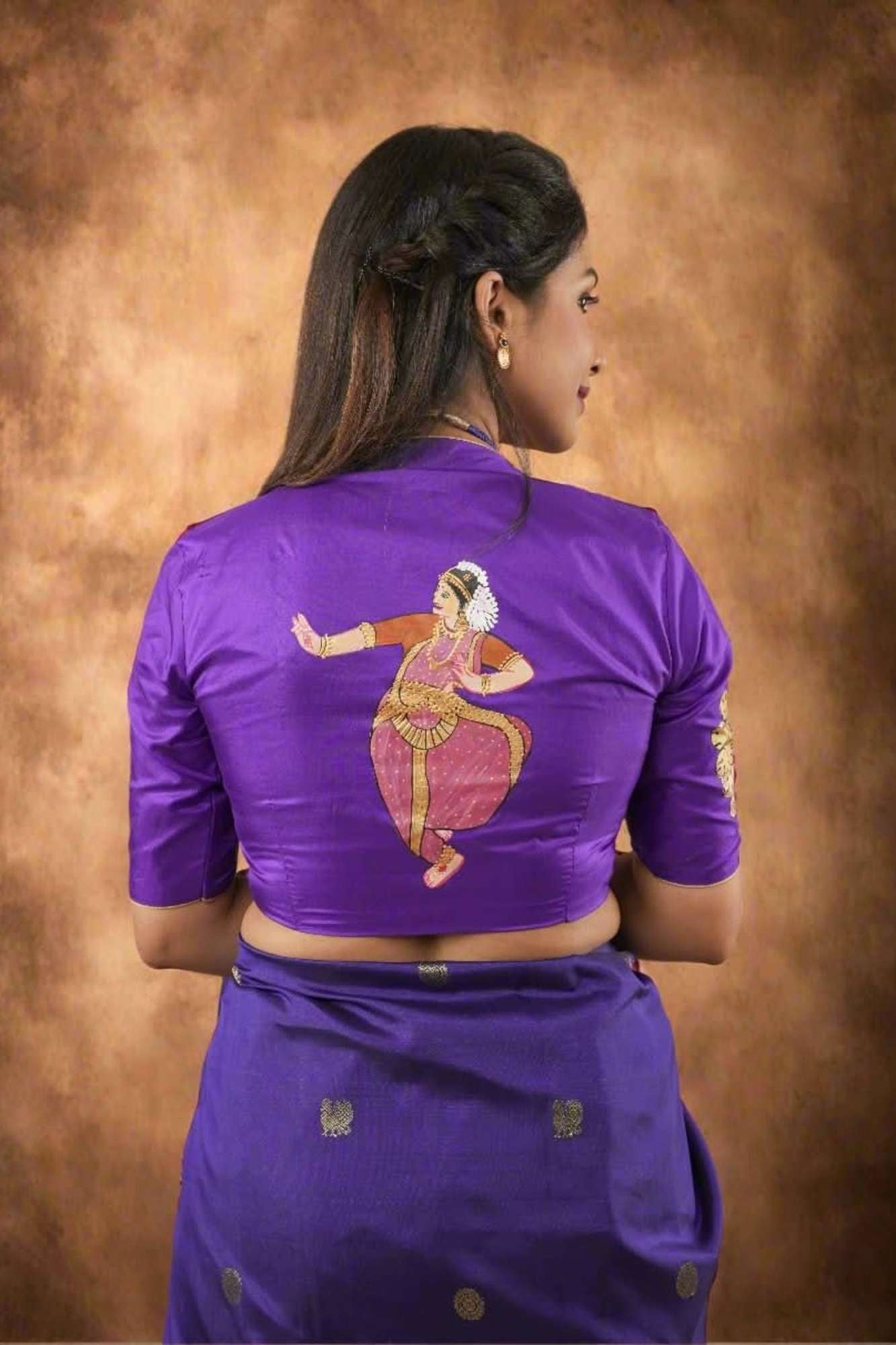 Blue Purple Pure Silk Blouse With Bharatanatyam Dancer Handpainting, Customizable, Made to Order