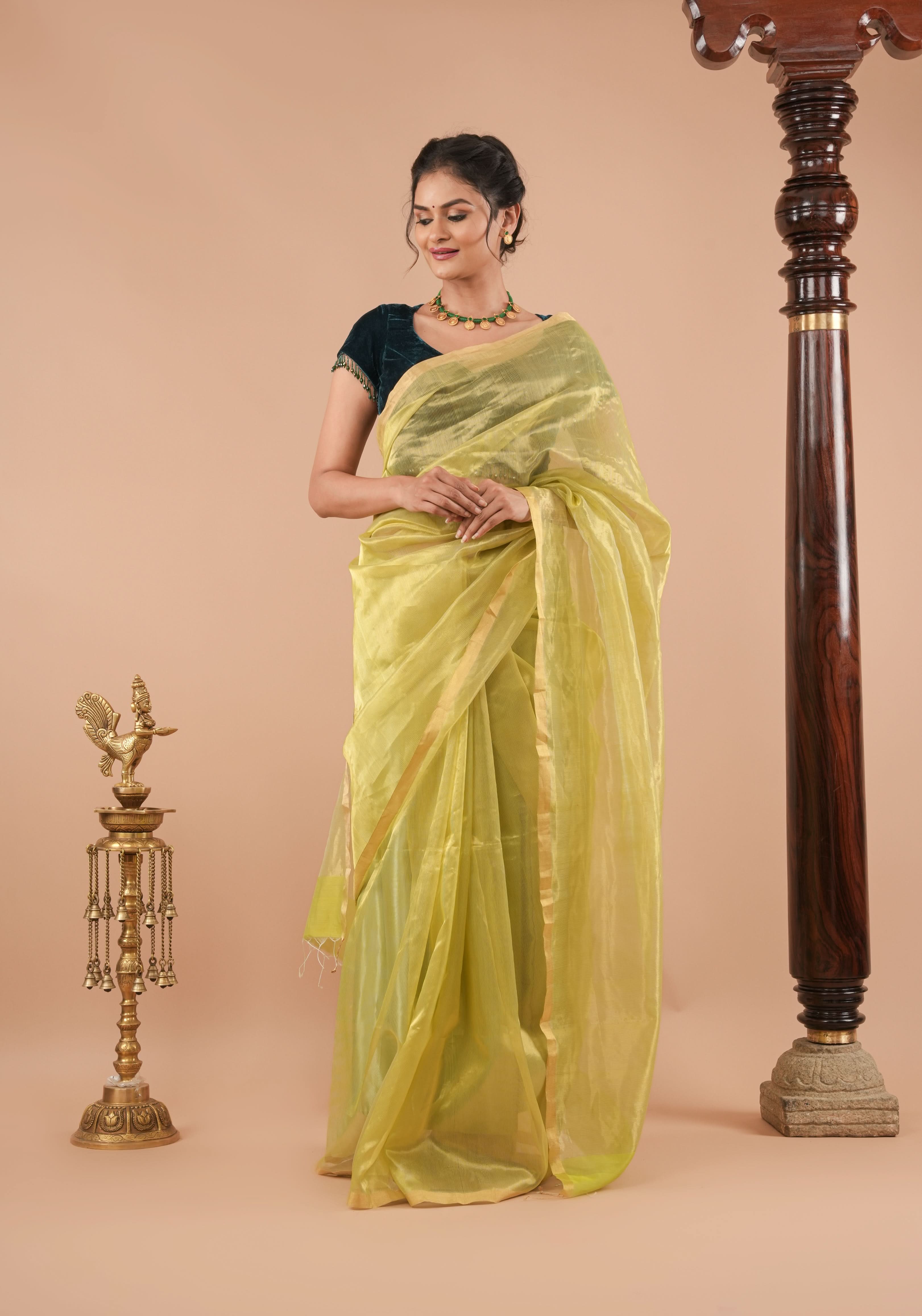Pistachio Green and Gold  Half and Half Tissue Stripes Maheshwari Silk Cotton Saree | Shobitam