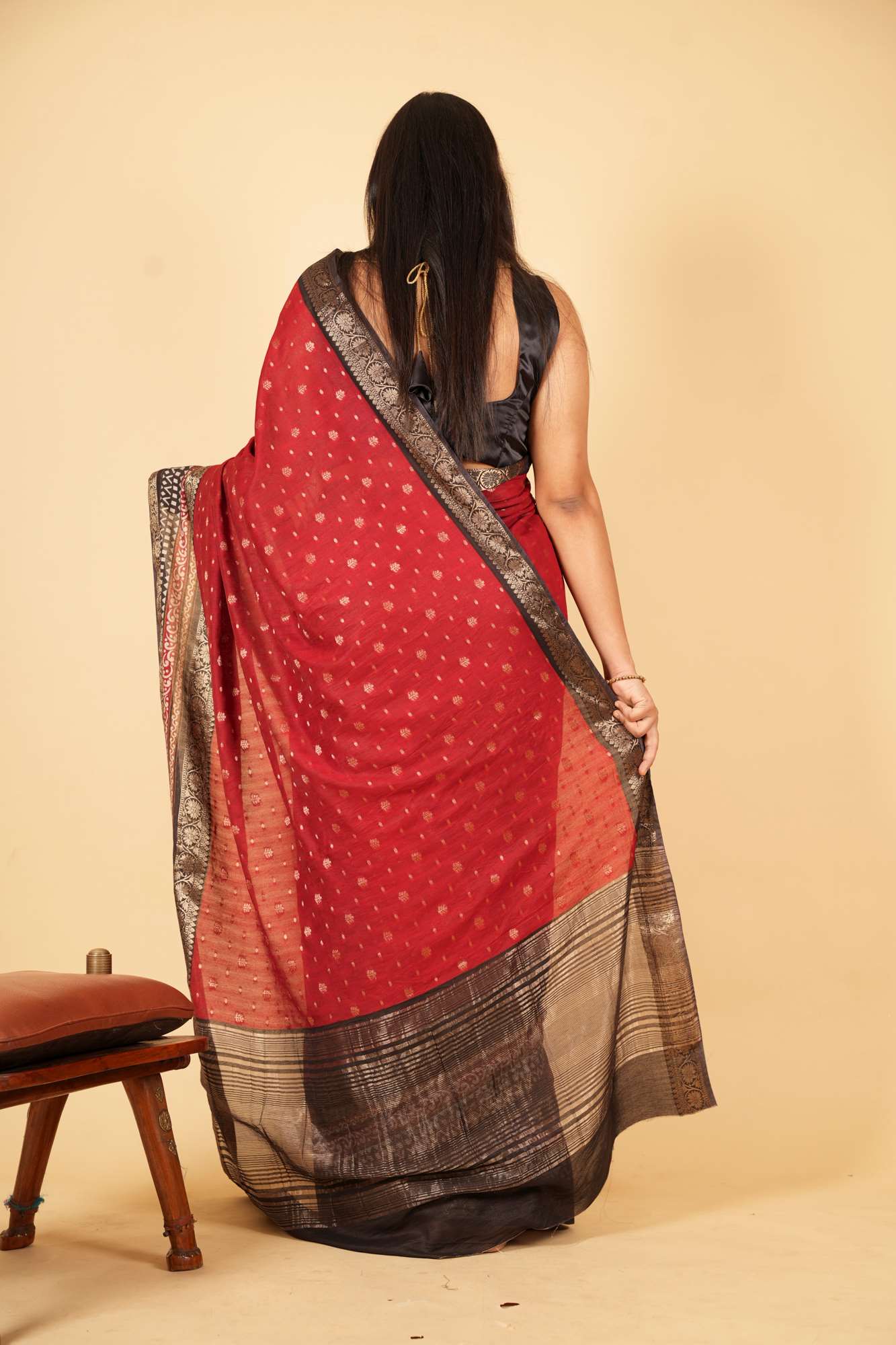 Handloom Maroon Cotton Silk with Zari Buti and Ornate Antique Zari Border Ready To wear Saree