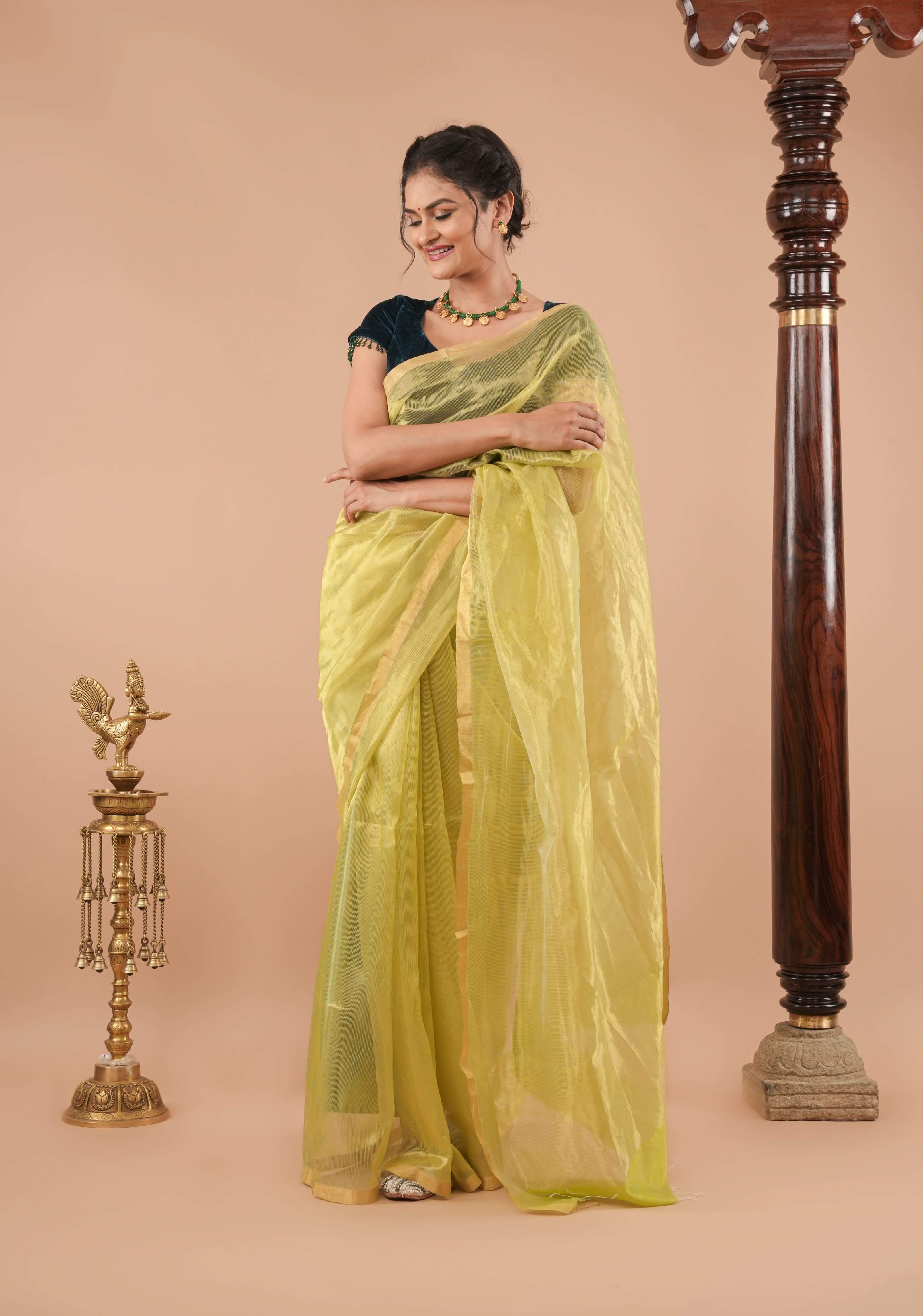 Pistachio Green and Gold  Half and Half Tissue Stripes Maheshwari Silk Cotton Saree | Shobitam