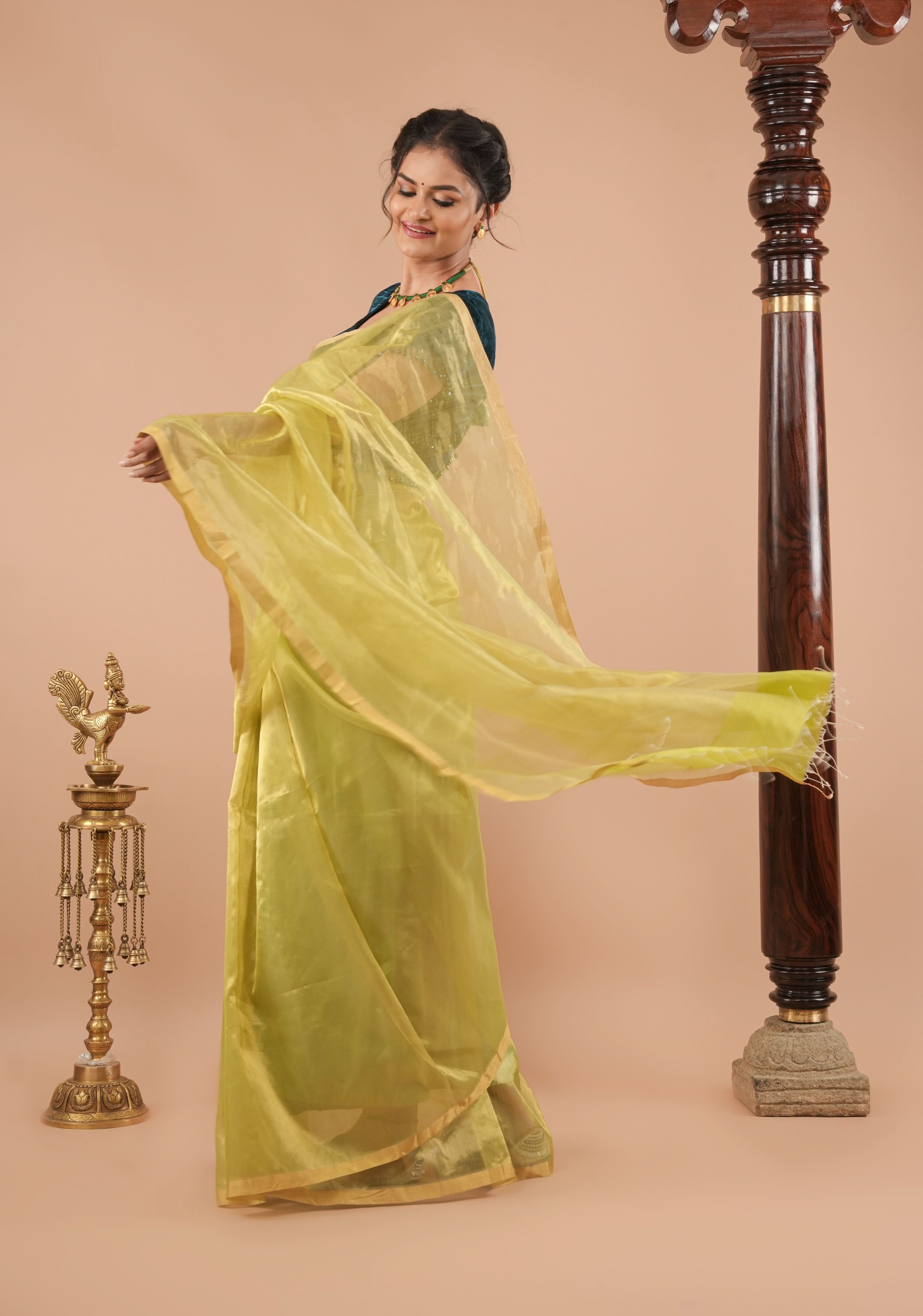 Pistachio Green and Gold  Half and Half Tissue Stripes Maheshwari Silk Cotton Saree | Shobitam