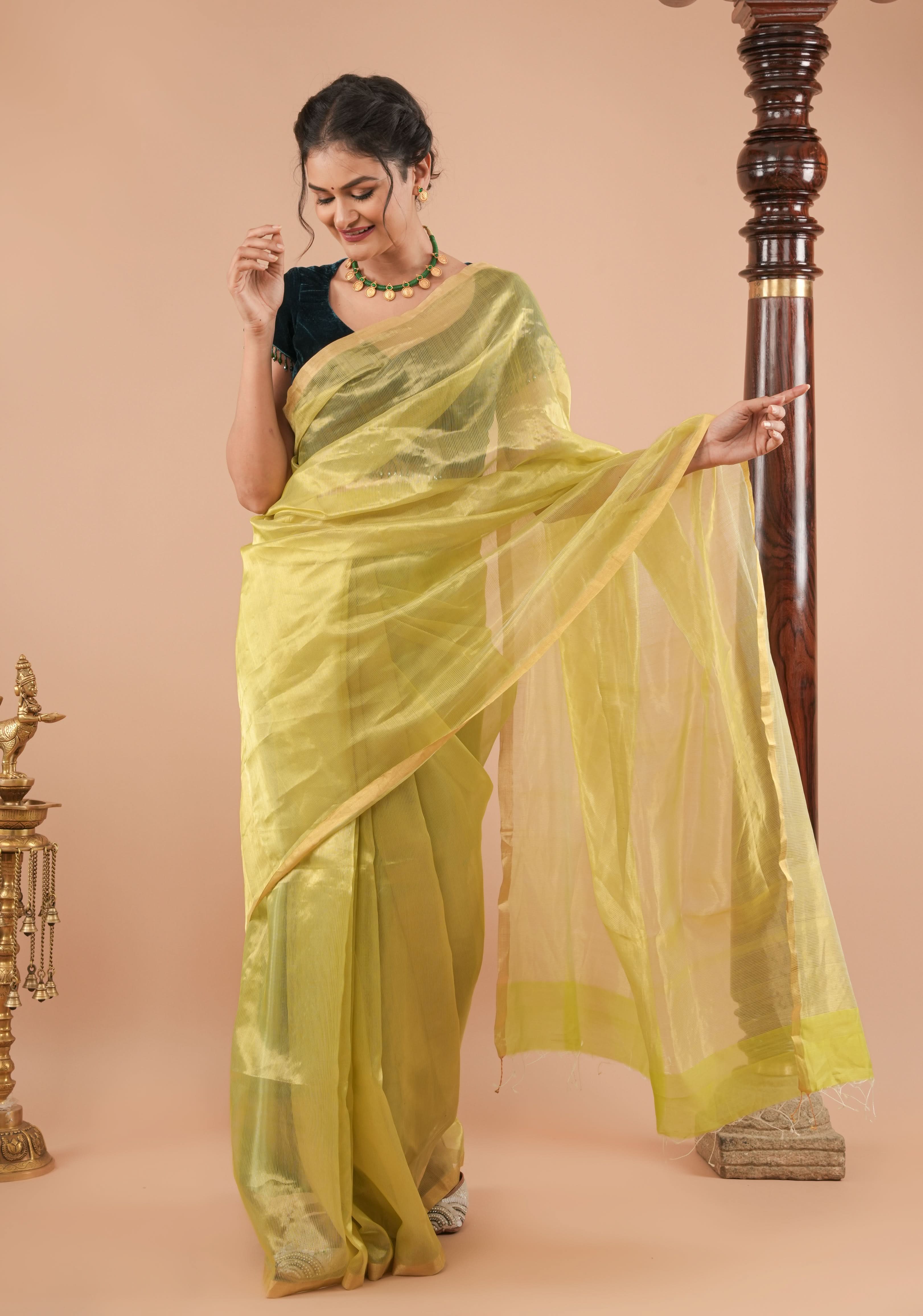 Pistachio Green and Gold  Half and Half Tissue Stripes Maheshwari Silk Cotton Saree | Shobitam