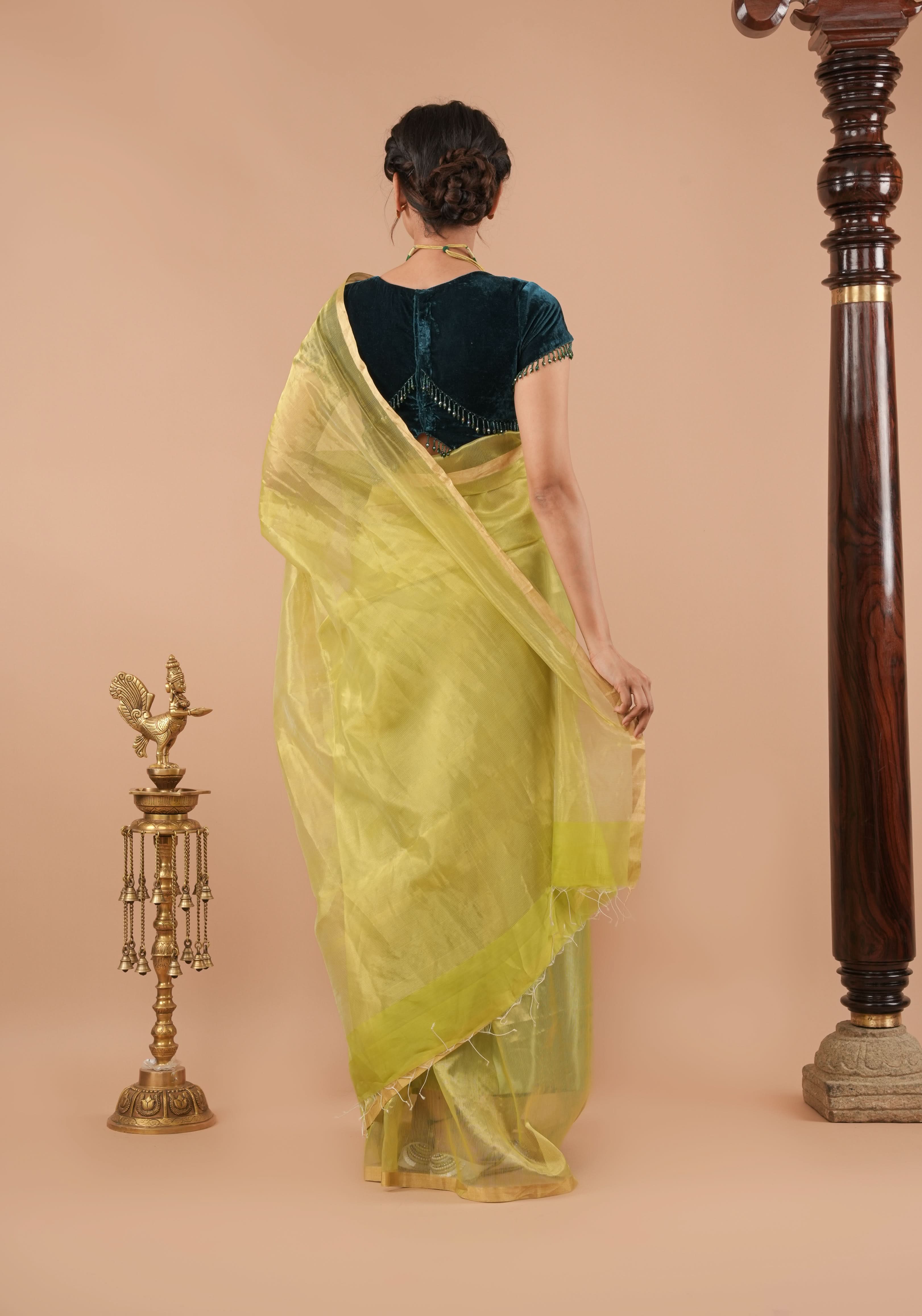 Pistachio Green and Gold  Half and Half Tissue Stripes Maheshwari Silk Cotton Saree | Shobitam