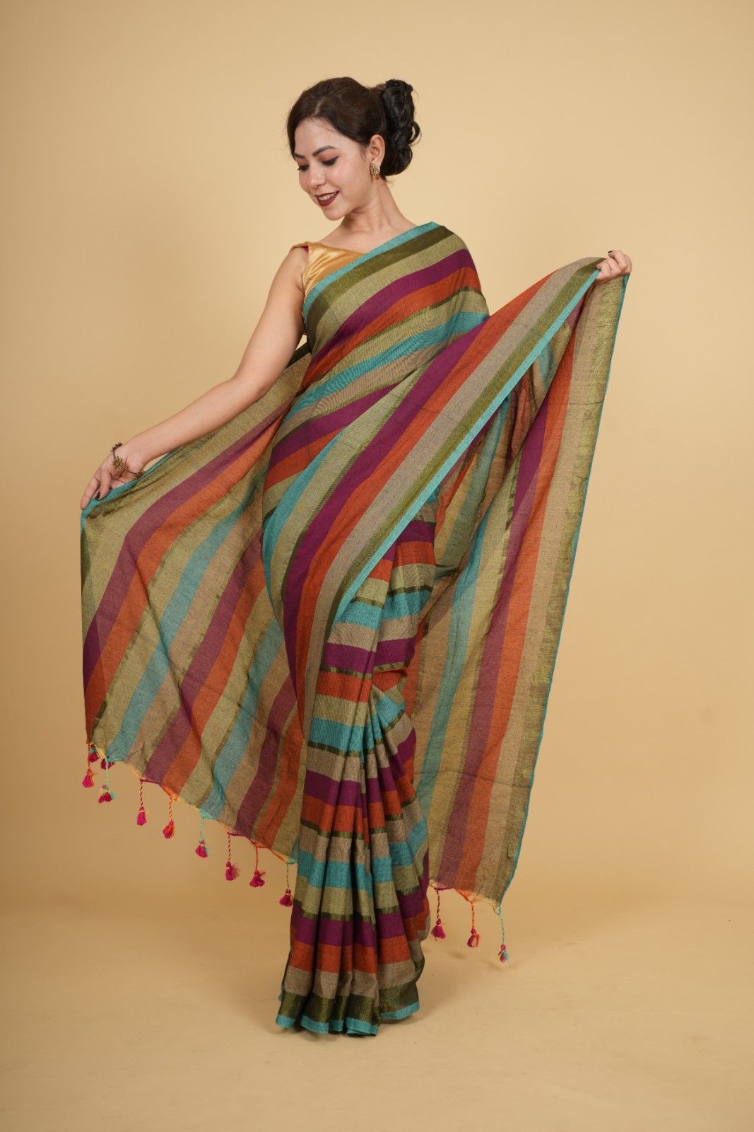 Soft Khadi Cotton With Multi Stripes Printed & Tassel On Pallu Wrap in 1 minute saree