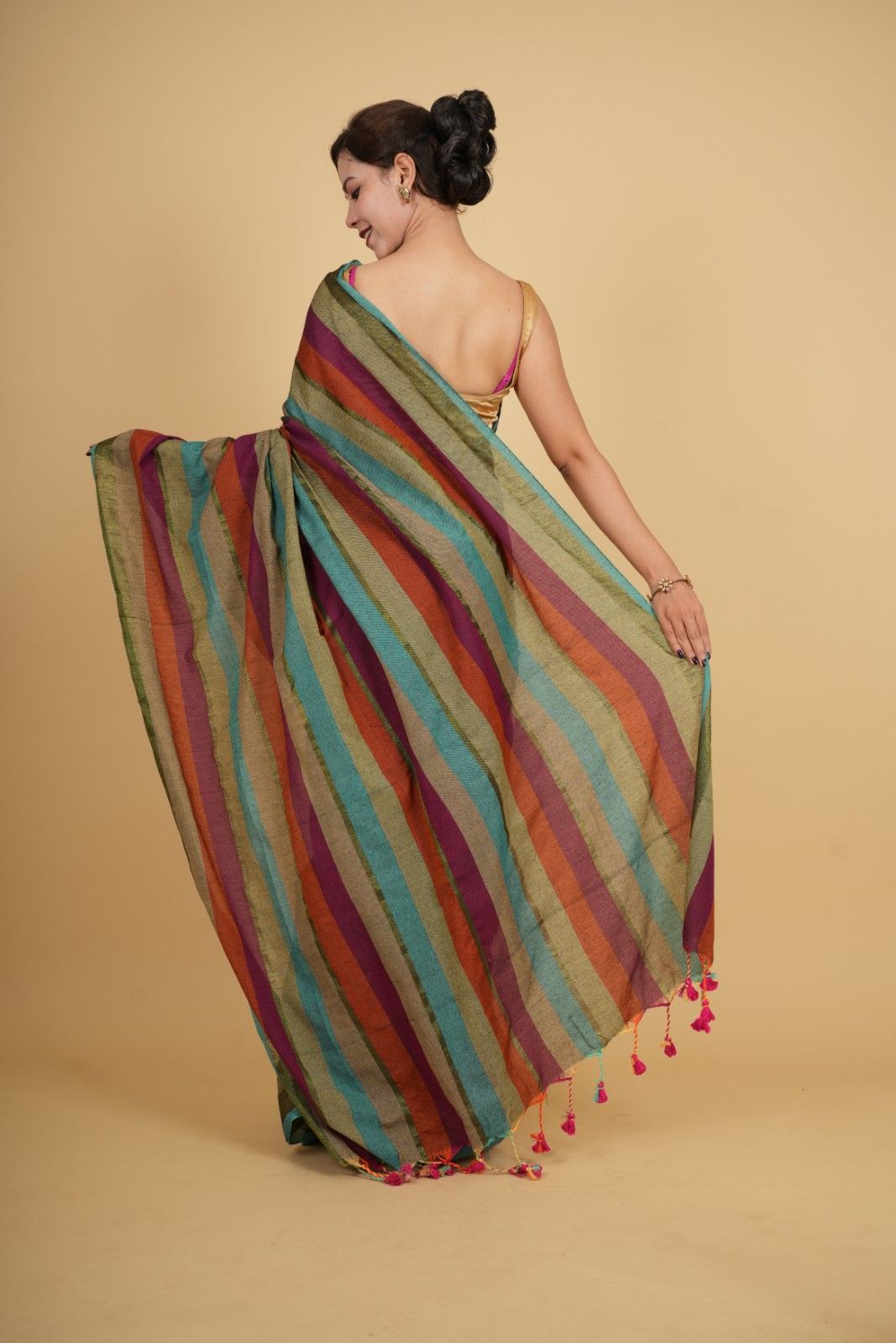 Soft Khadi Cotton With Multi Stripes Printed & Tassel On Pallu Wrap in 1 minute saree