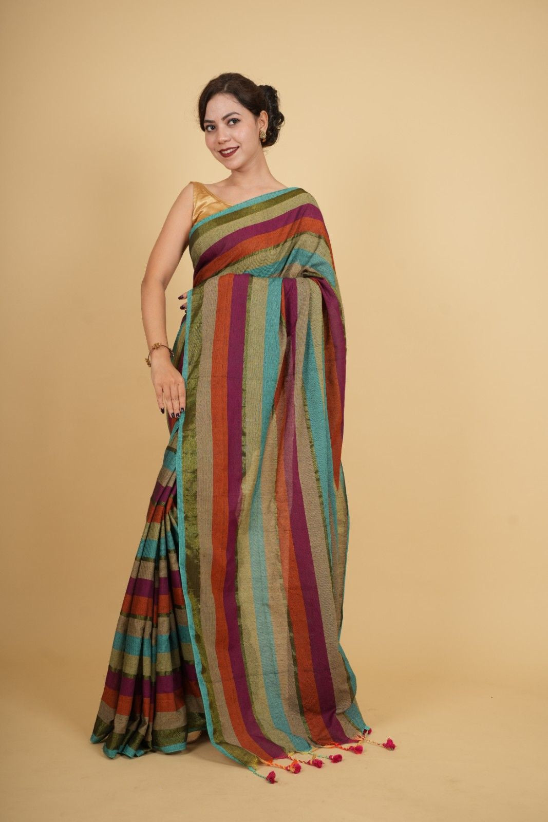 Soft Khadi Cotton With Multi Stripes Printed & Tassel On Pallu Wrap in 1 minute saree