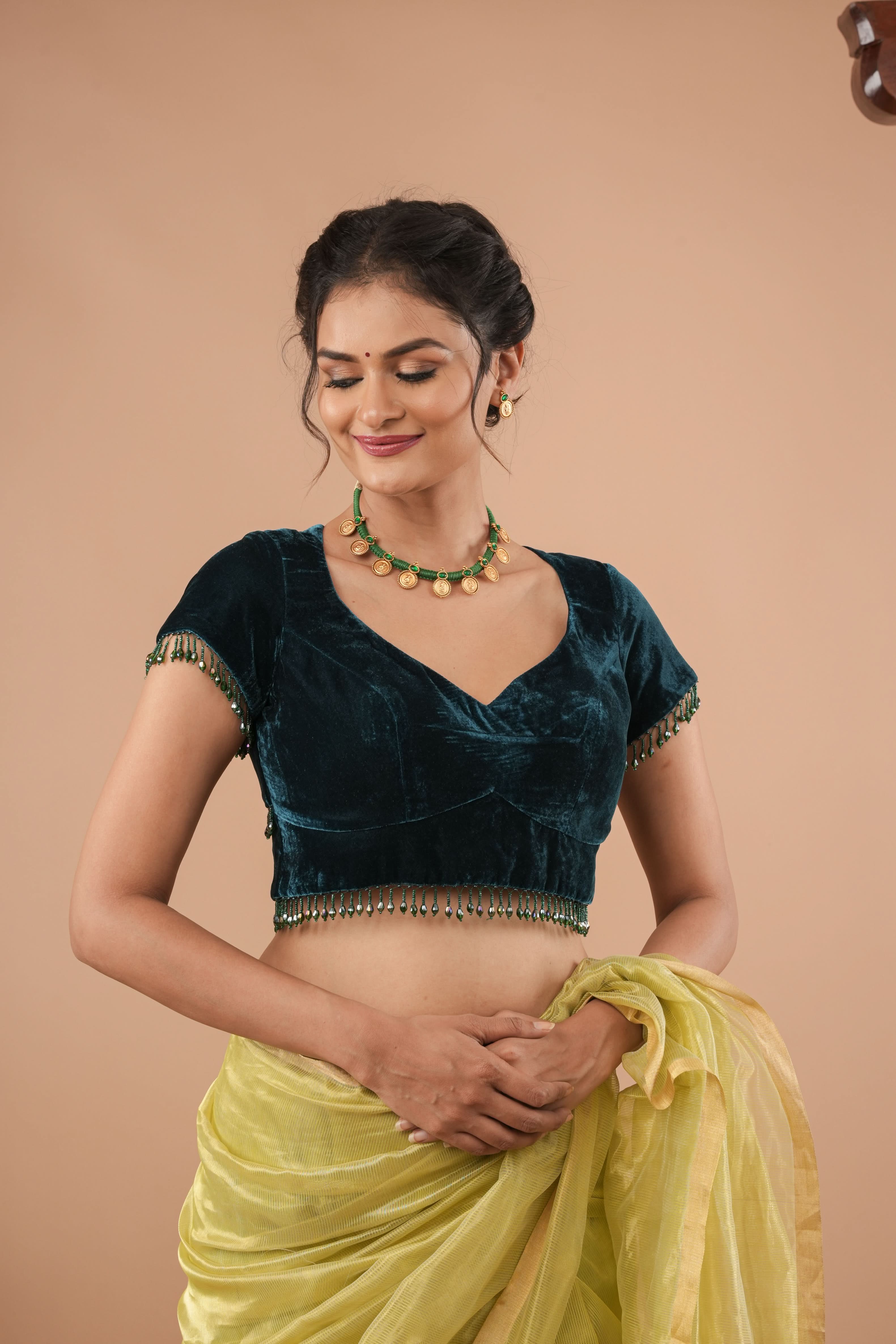Hunter Green Velvet Blouse With Beads Detailing, Made to Order | Shobitam
