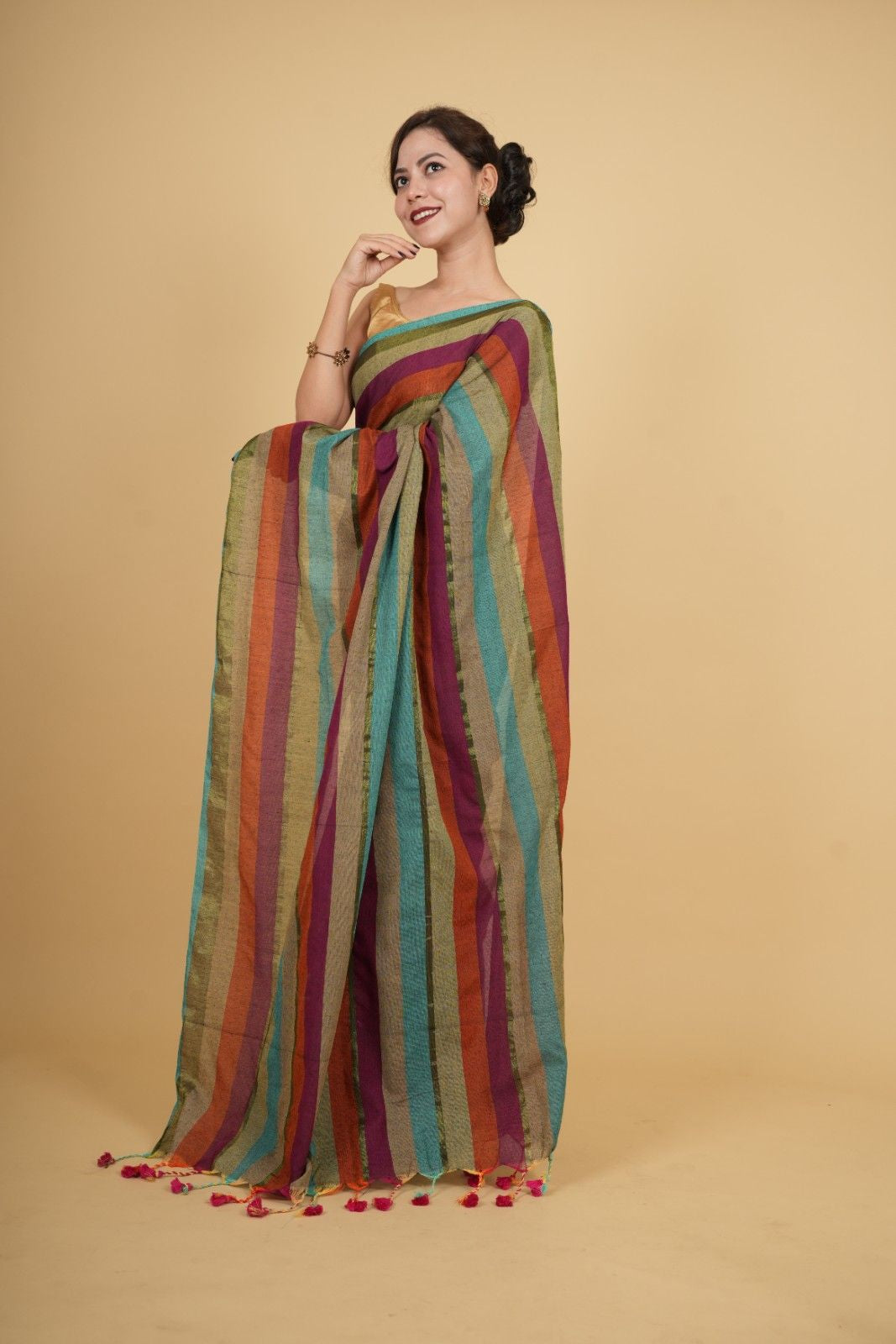 Soft Khadi Cotton With Multi Stripes Printed & Tassel On Pallu Wrap in 1 minute saree