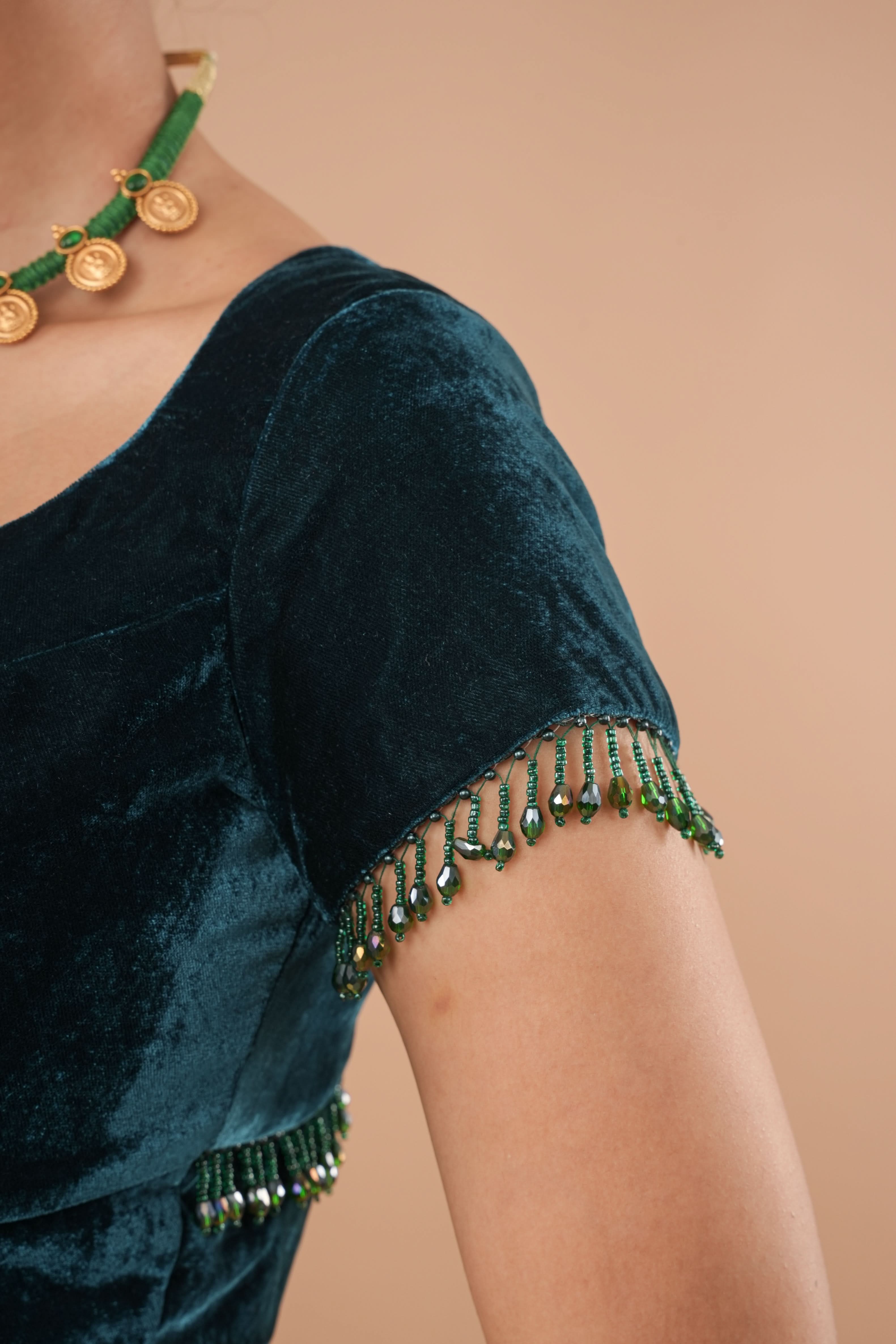 Hunter Green Velvet Blouse With Beads Detailing, Made to Order | Shobitam