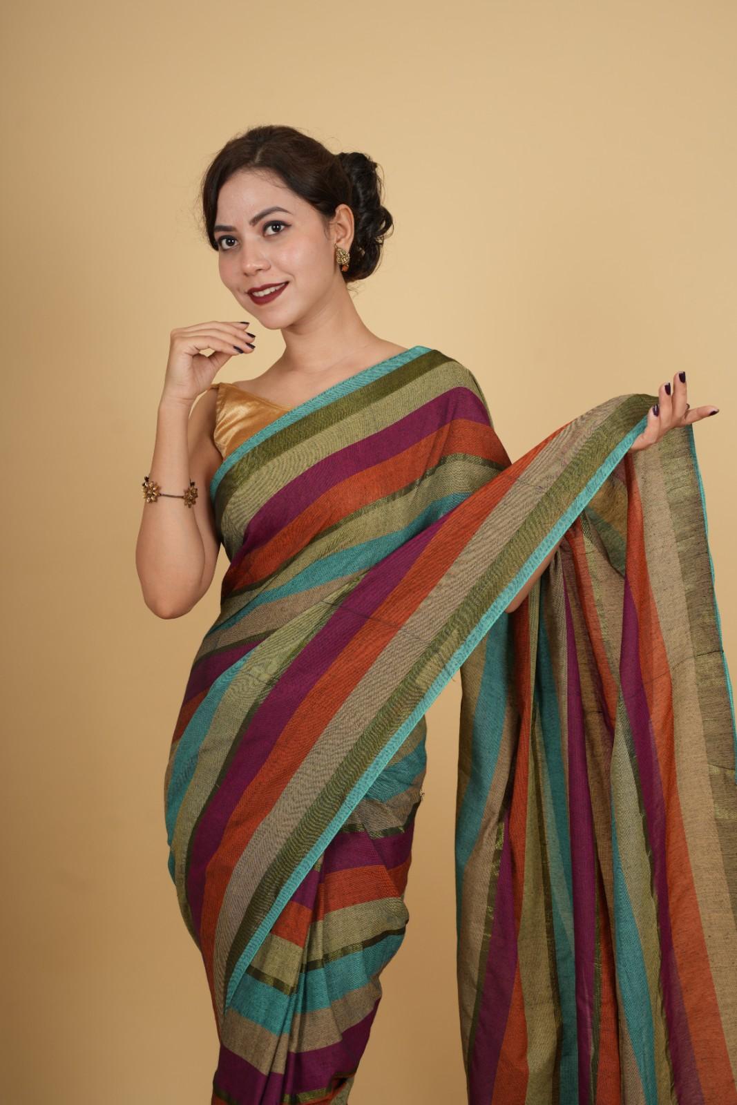 Soft Khadi Cotton With Multi Stripes Printed & Tassel On Pallu Wrap in 1 minute saree