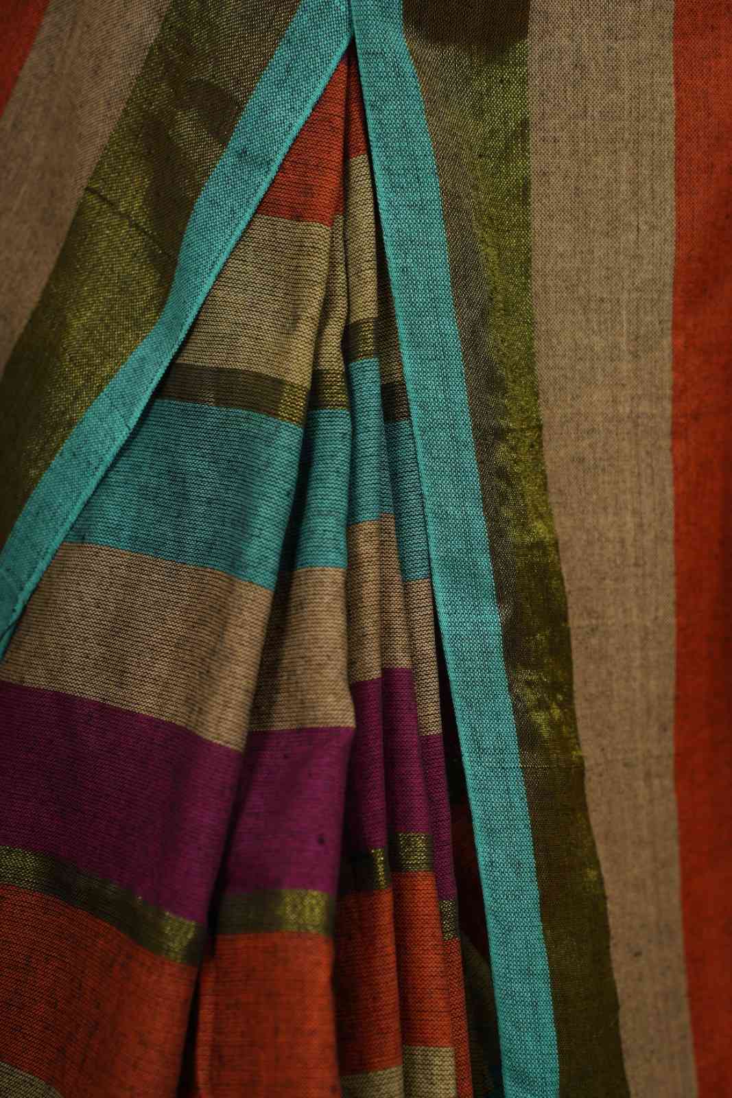 Soft Khadi Cotton With Multi Stripes Printed & Tassel On Pallu Wrap in 1 minute saree