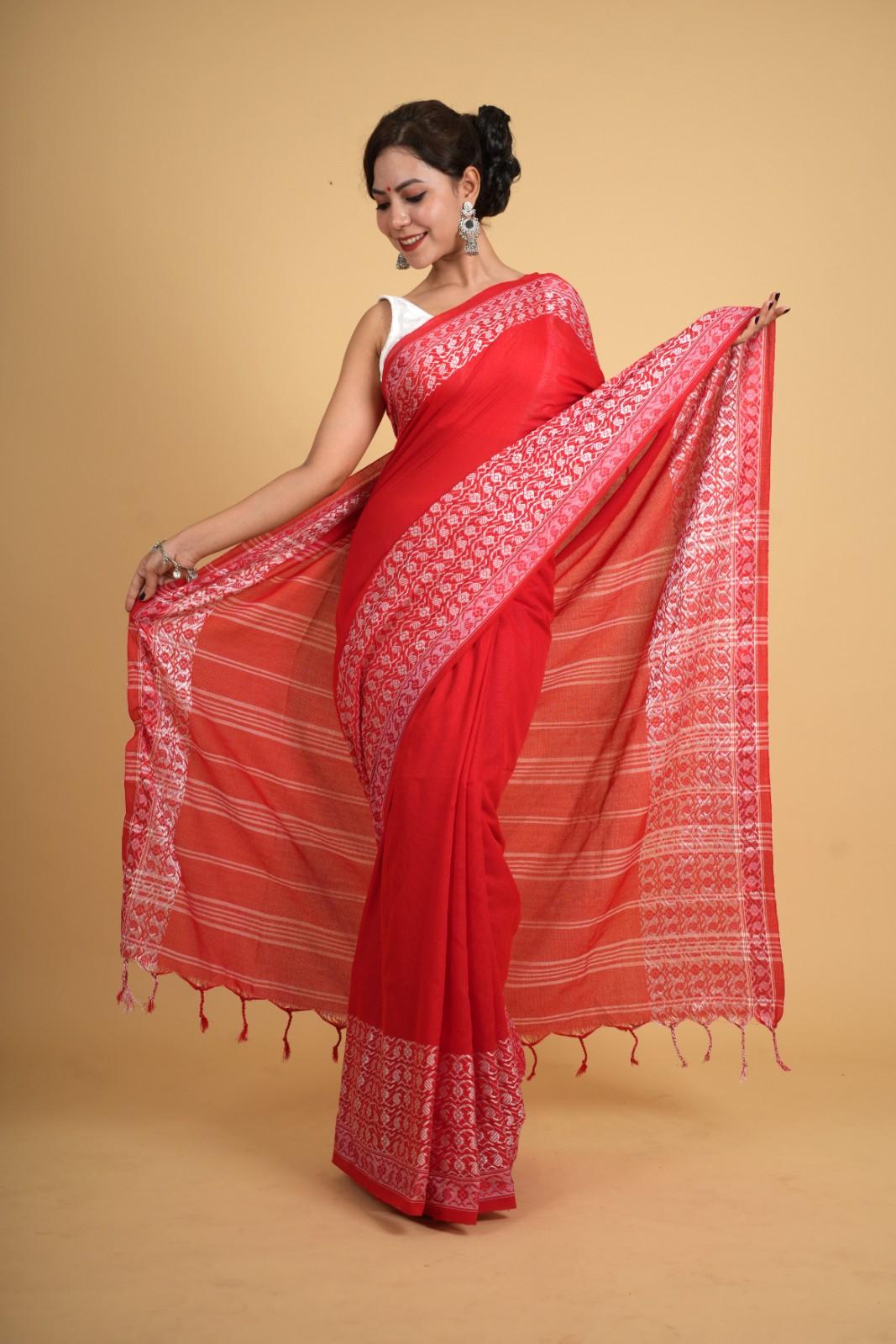 Red Traditional Bengali Cotton With  Begampuri Naksha Border & Handloom Wrap In One Minute Saree