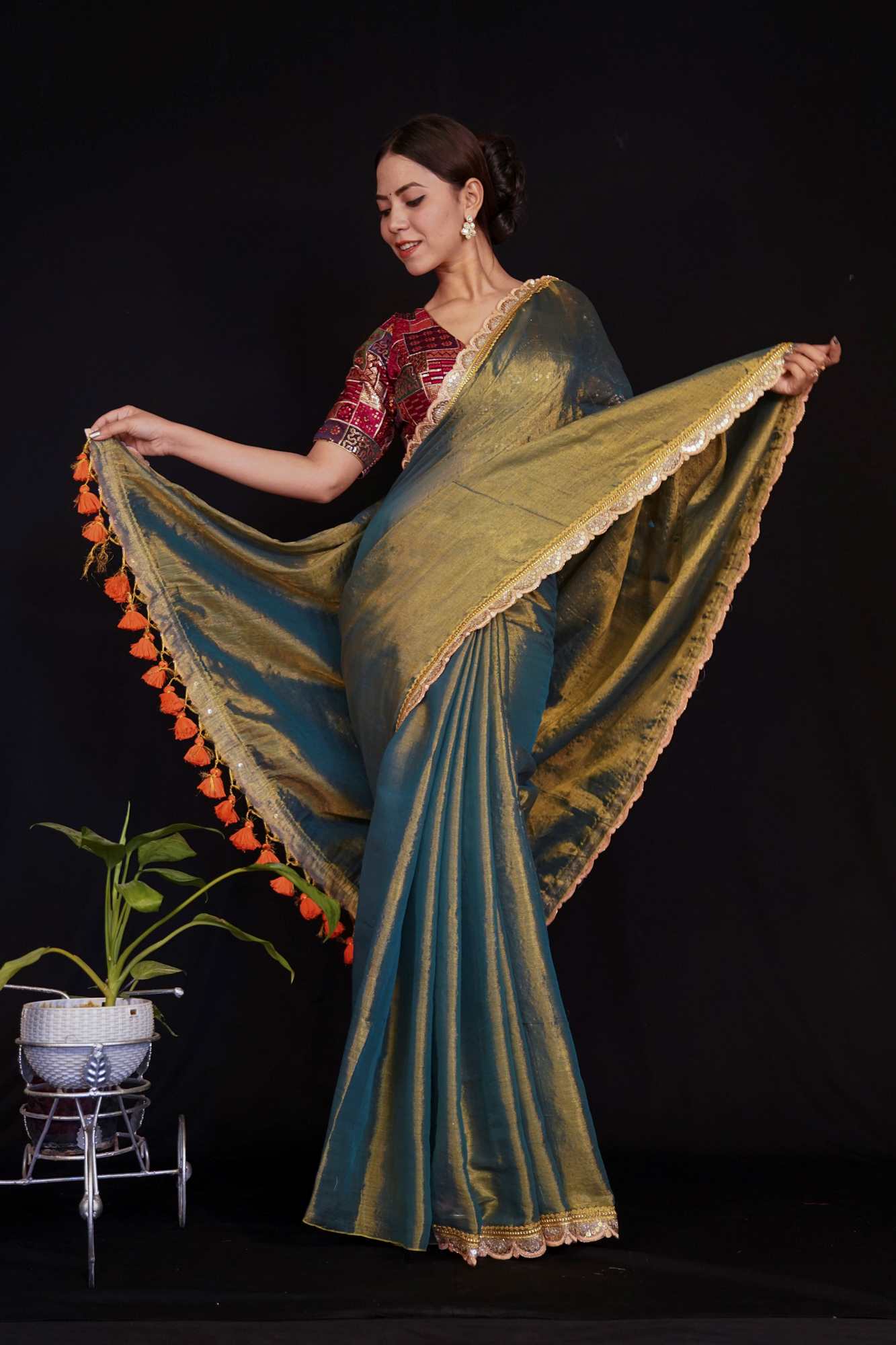 Olive Green Tissue Linen with Sequin Lace & Tassel On Palla Wrap in 1 Minute Saree