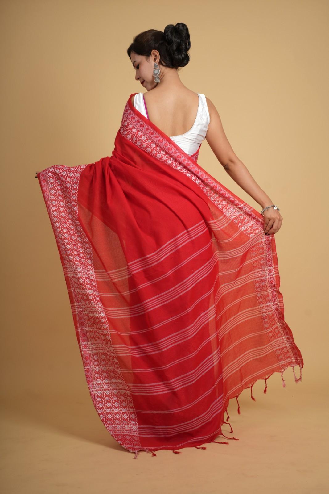 Red Traditional Bengali Cotton With  Begampuri Naksha Border & Handloom Wrap In One Minute Saree