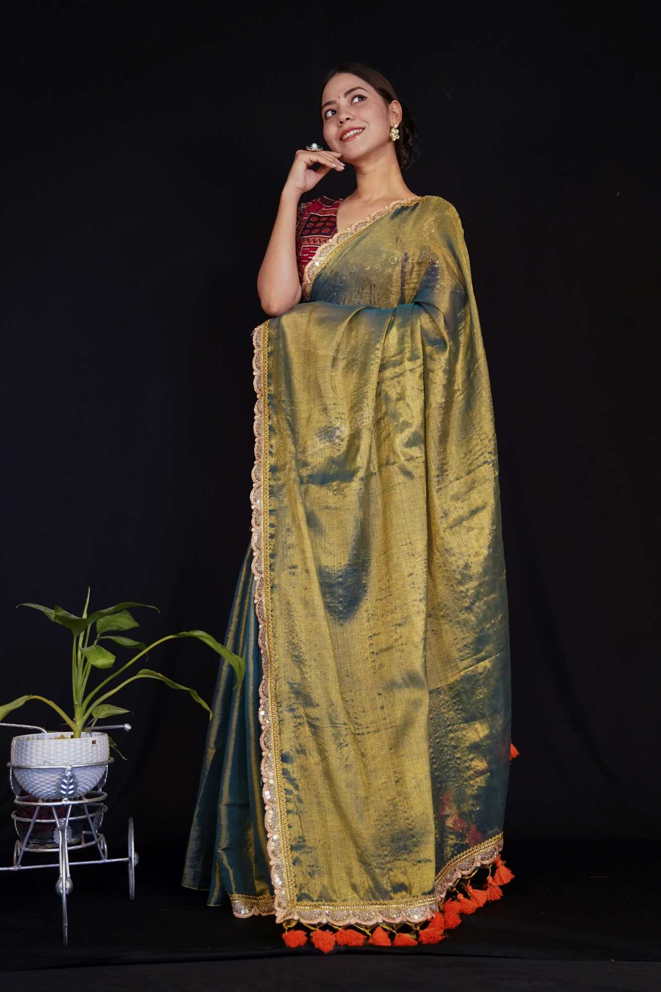 Olive Green Tissue Linen with Sequin Lace & Tassel On Palla Wrap in 1 Minute Saree