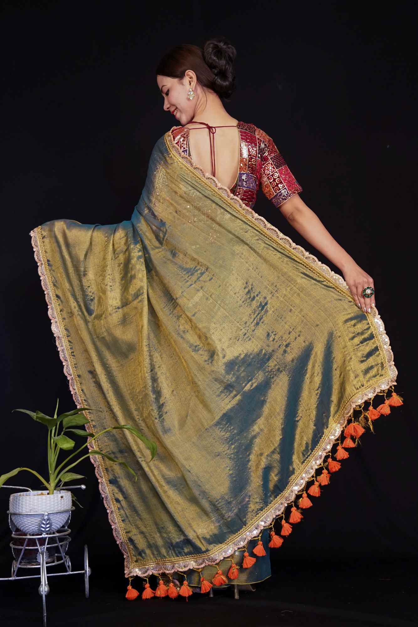 Olive Green Tissue Linen with Sequin Lace & Tassel On Palla Wrap in 1 Minute Saree