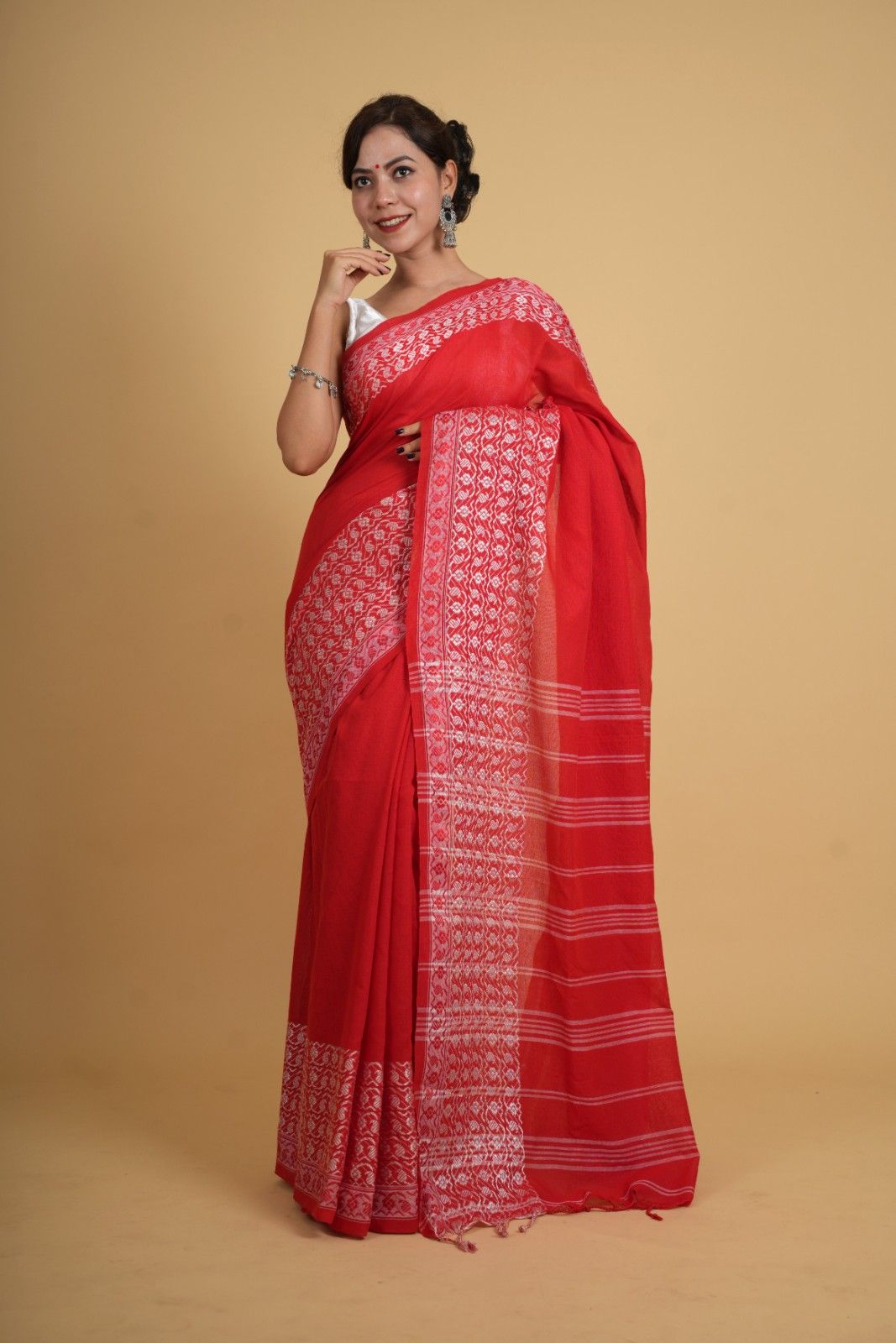 Red Traditional Bengali Cotton With  Begampuri Naksha Border & Handloom Wrap In One Minute Saree