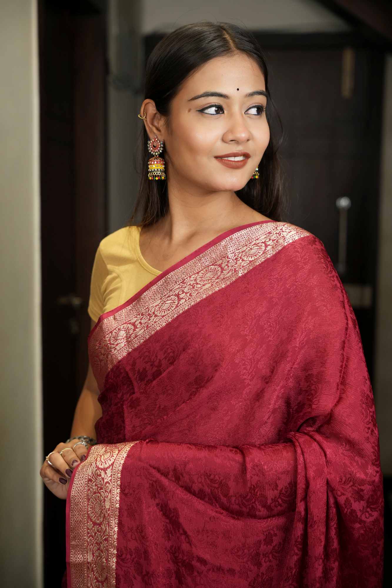 Viscose Soft Chinon Weaving Pattern Ready To Wear Saree