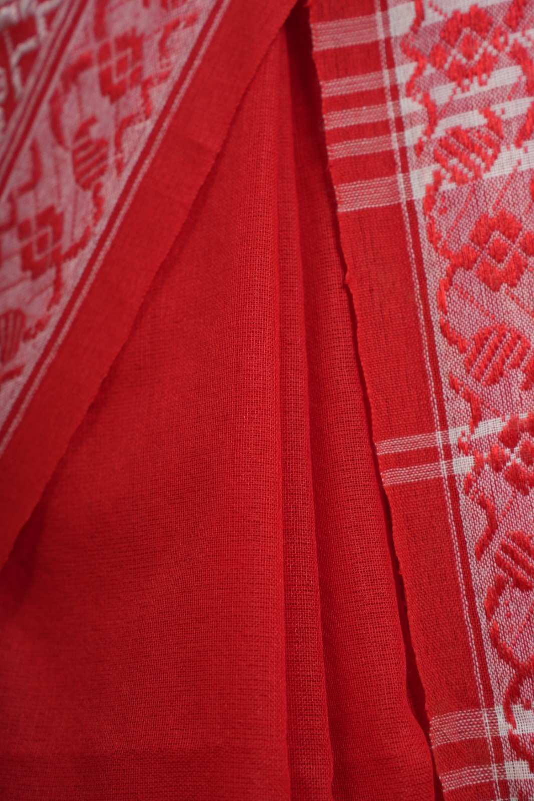 Red Traditional Bengali Cotton With  Begampuri Naksha Border & Handloom Wrap In One Minute Saree