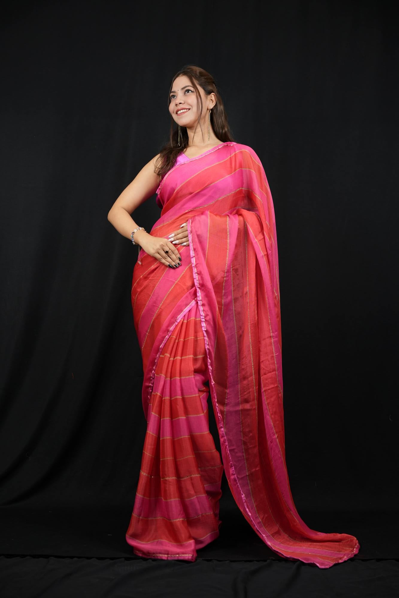 Chiffon Satin Silk With Multi Tone Allover Stone Ready To Wear Saree