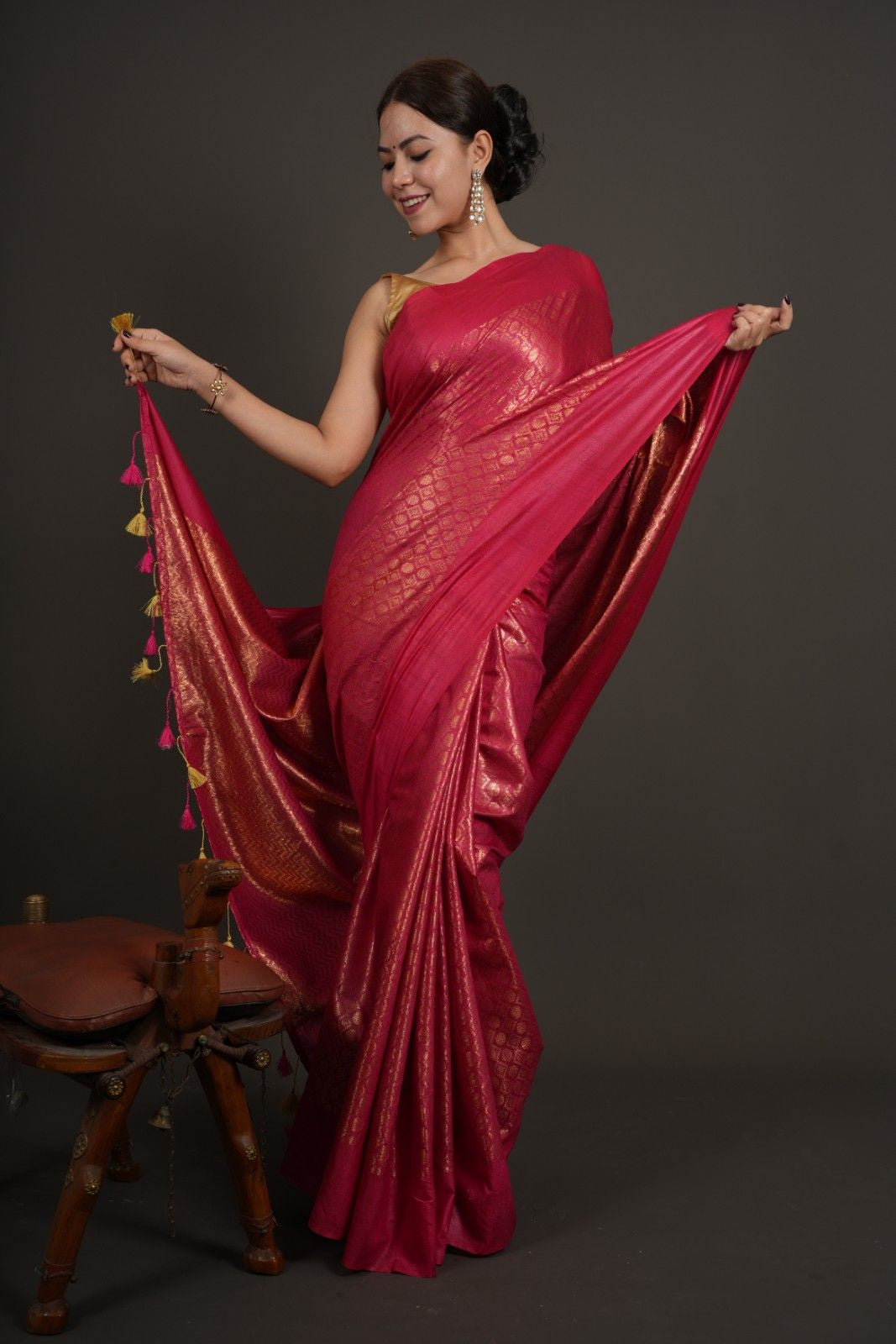 Premium Handwoven Silk Overall Resham Weave With Tassels On Palla Ready To Wear Saree