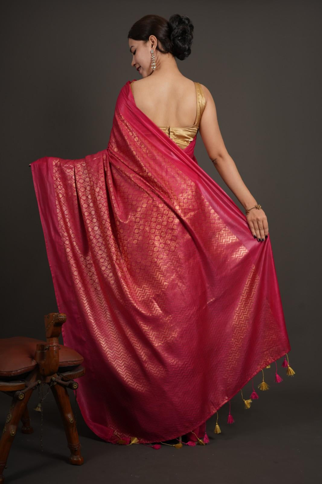 Premium Handwoven Silk Overall Resham Weave With Tassels On Palla Ready To Wear Saree