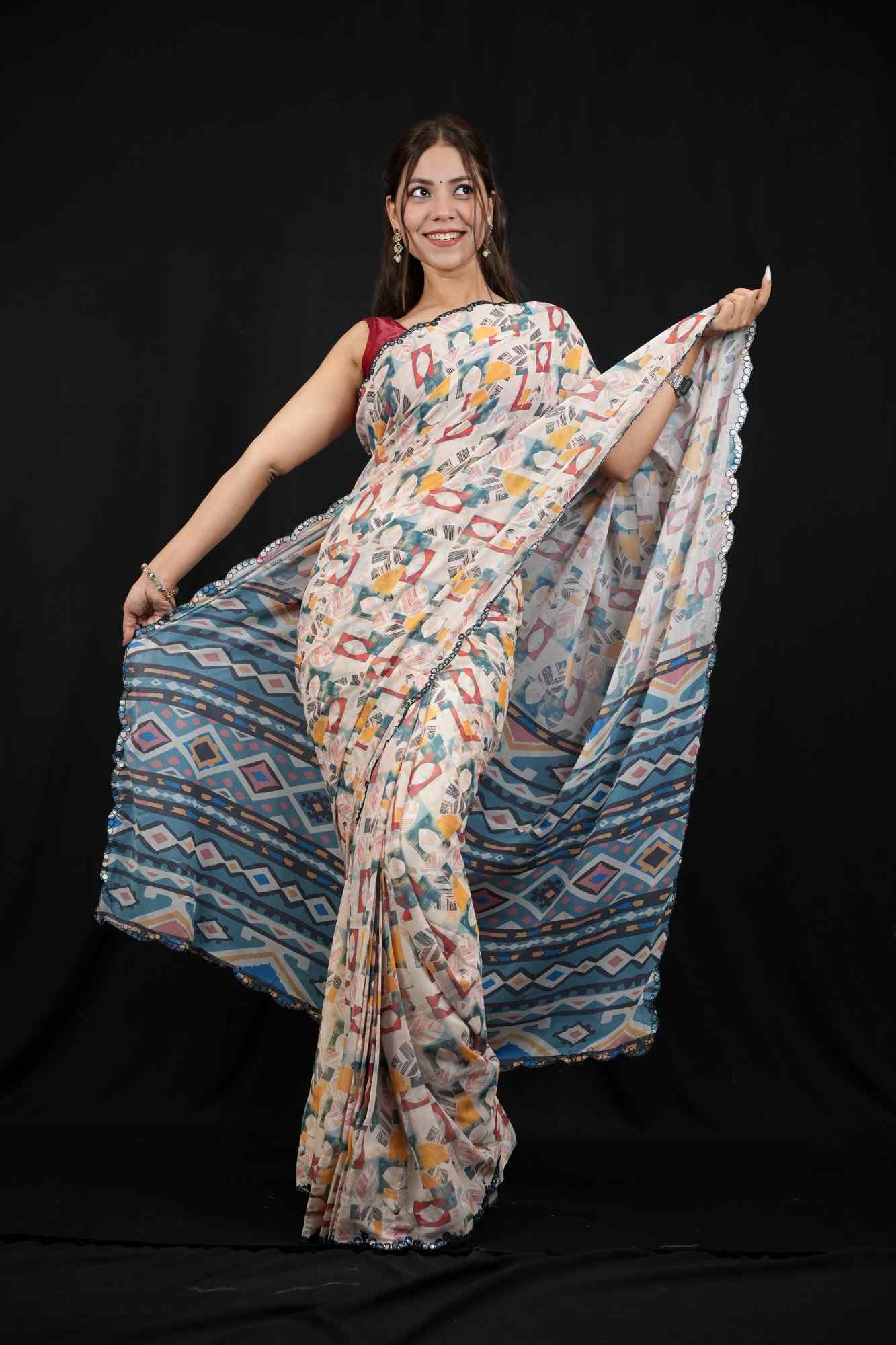Digital Print Georgette Saree with Multicolor Geometric Motifs and Scalloped Border Ready To Wear Saree