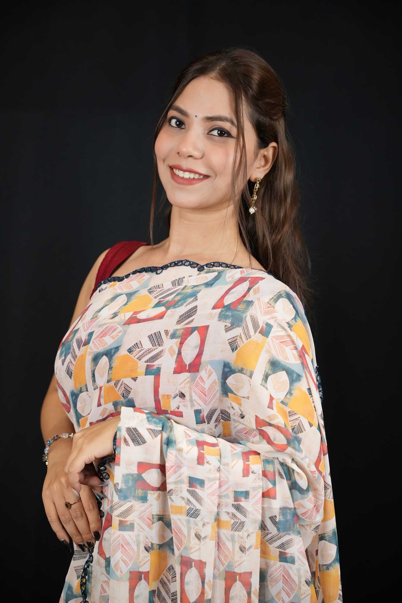 Digital Print Georgette Saree with Multicolor Geometric Motifs and Scalloped Border Ready To Wear Saree