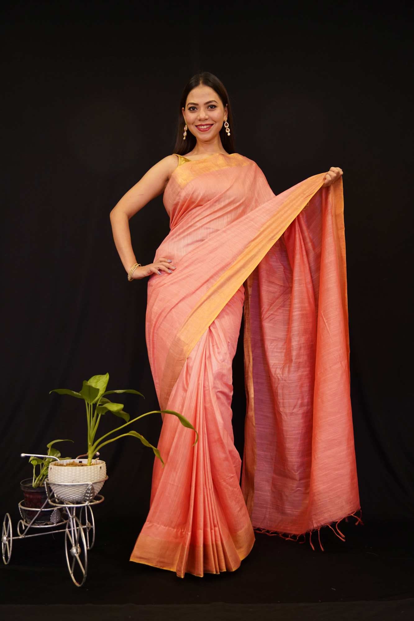 Classy and Sedate Premium Semi-Bapta Silk with woven Zari Border warp in 1 minute Saree