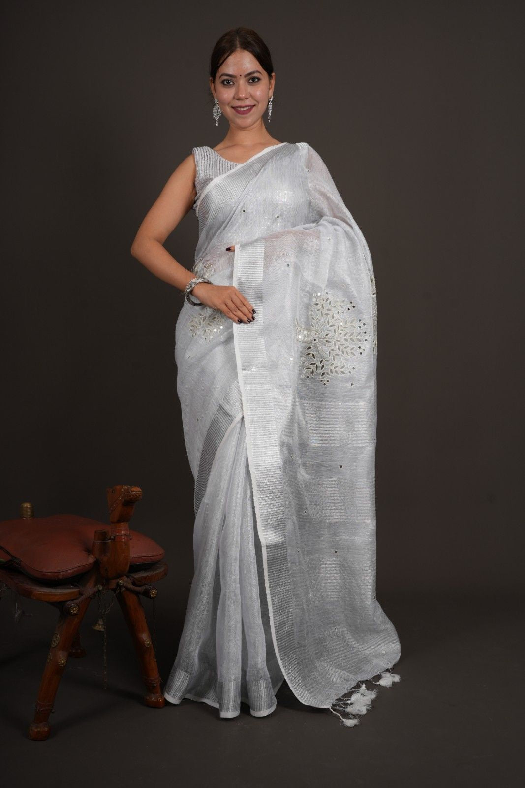 Premium Handloom Bhagalpuri Silk With  Cut Work & Mirror Embroidered Wrap In 1 Minute Saree