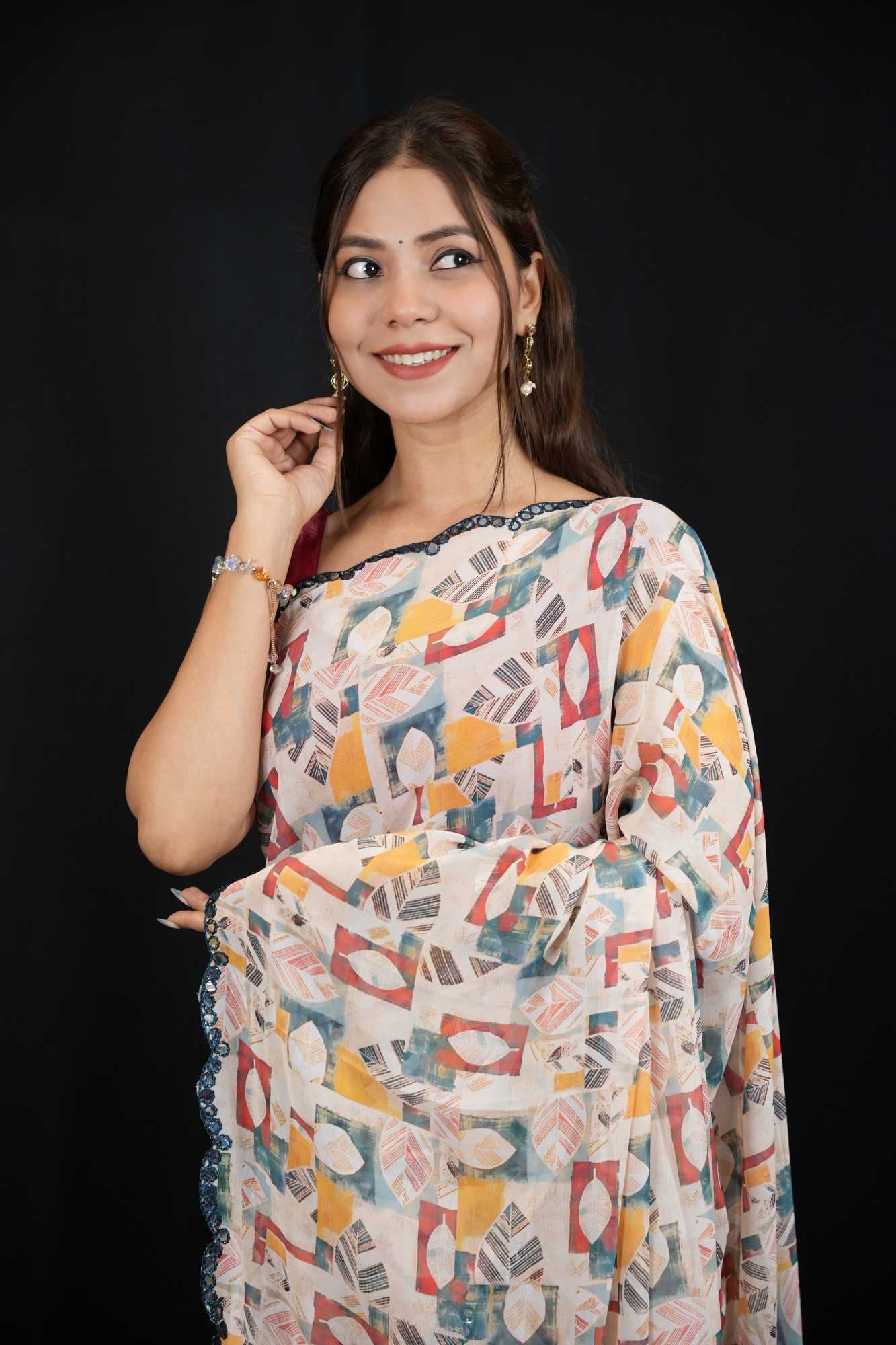 Digital Print Georgette Saree with Multicolor Geometric Motifs and Scalloped Border Ready To Wear Saree