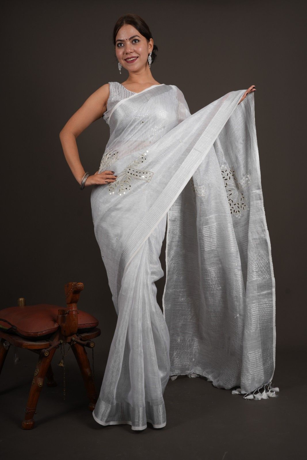 Premium Handloom Bhagalpuri Silk With  Cut Work & Mirror Embroidered Wrap In 1 Minute Saree