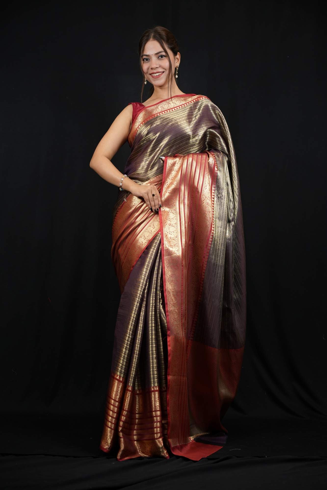 Bollywood Kanjivaram weaving pattern 12-14” inch border prestitched ready to wear saree