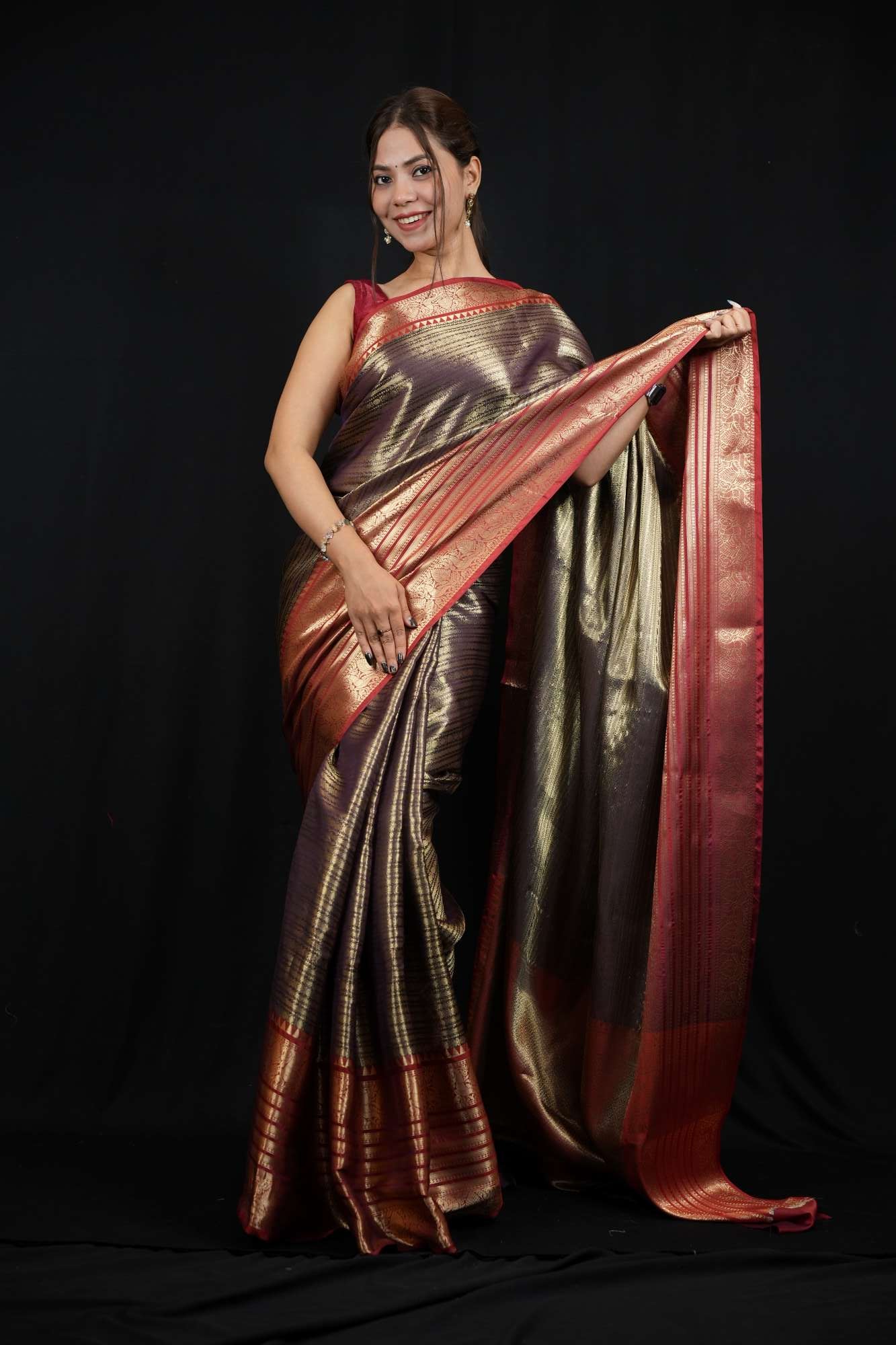 Bollywood Kanjivaram weaving pattern 12-14” inch border prestitched ready to wear saree