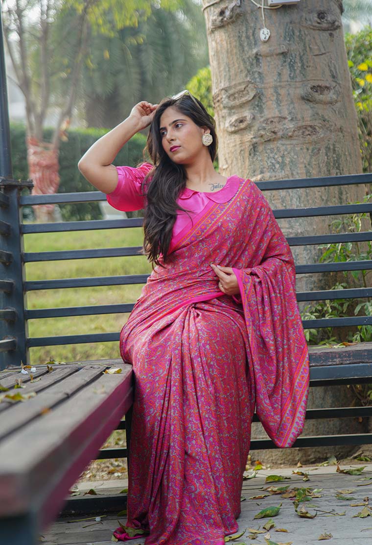 Easy On The Eyes Pink Soft as butter With Intricate printed Wrap In One Minute Saree