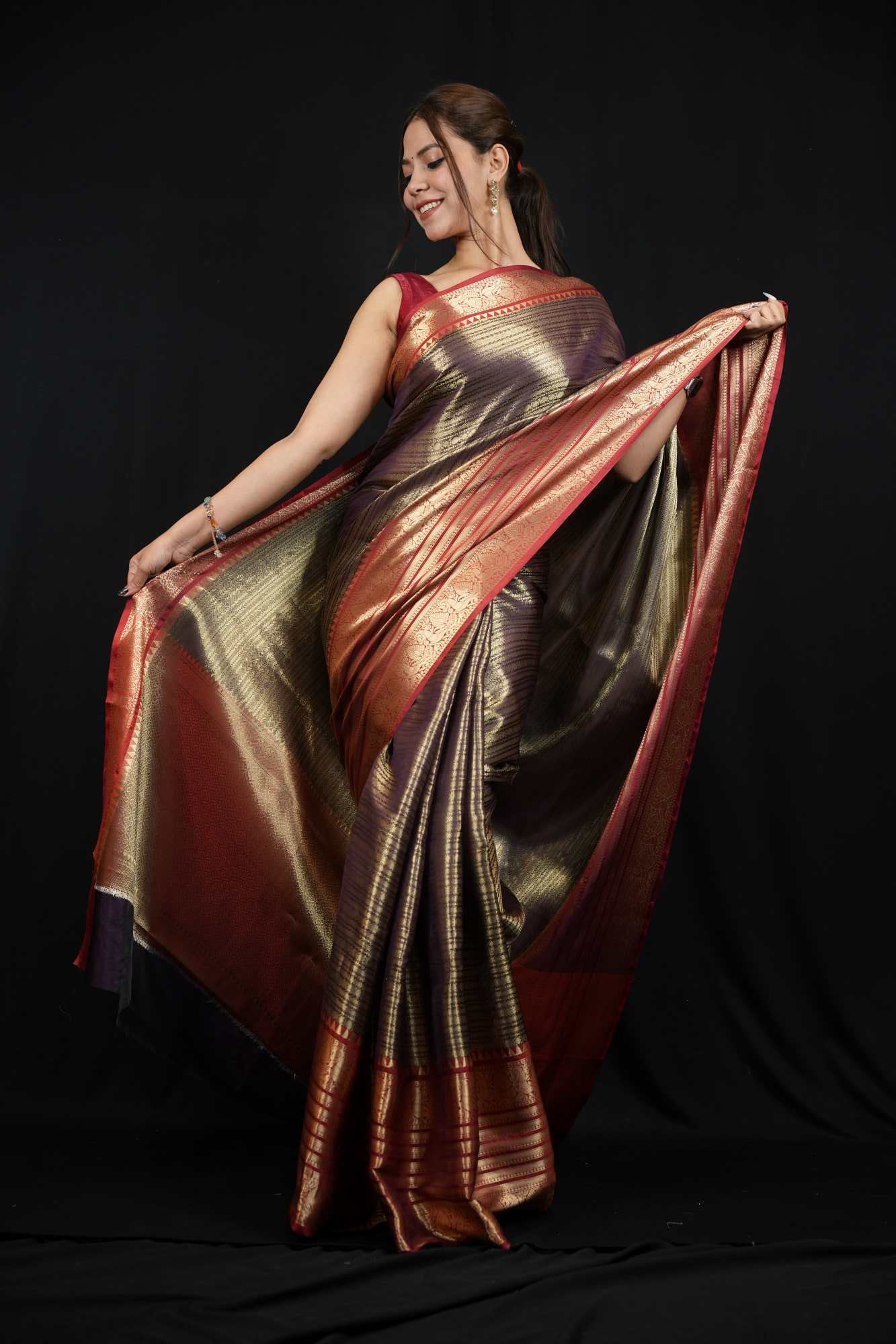 Bollywood Kanjivaram weaving pattern 12-14” inch border prestitched ready to wear saree