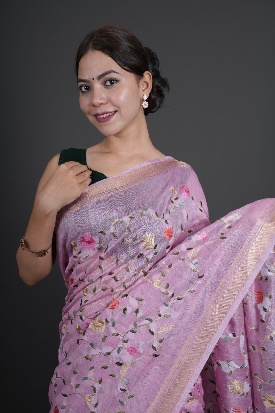 Beautiful Lilac Silk Linen With Golden Mangalgiri With Digital Embroidery Pre Drape Saree