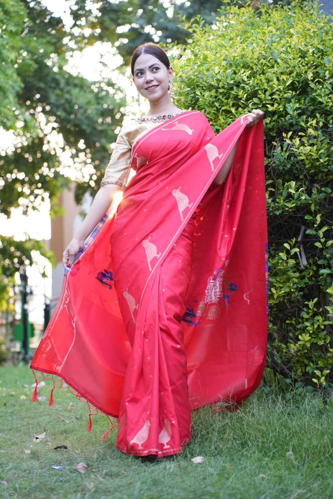 Nita Ambani inspired Kanchipuram With Golden Mina Zari Art & Gayatri Mantra Printed Palla Ready To Wear Saree