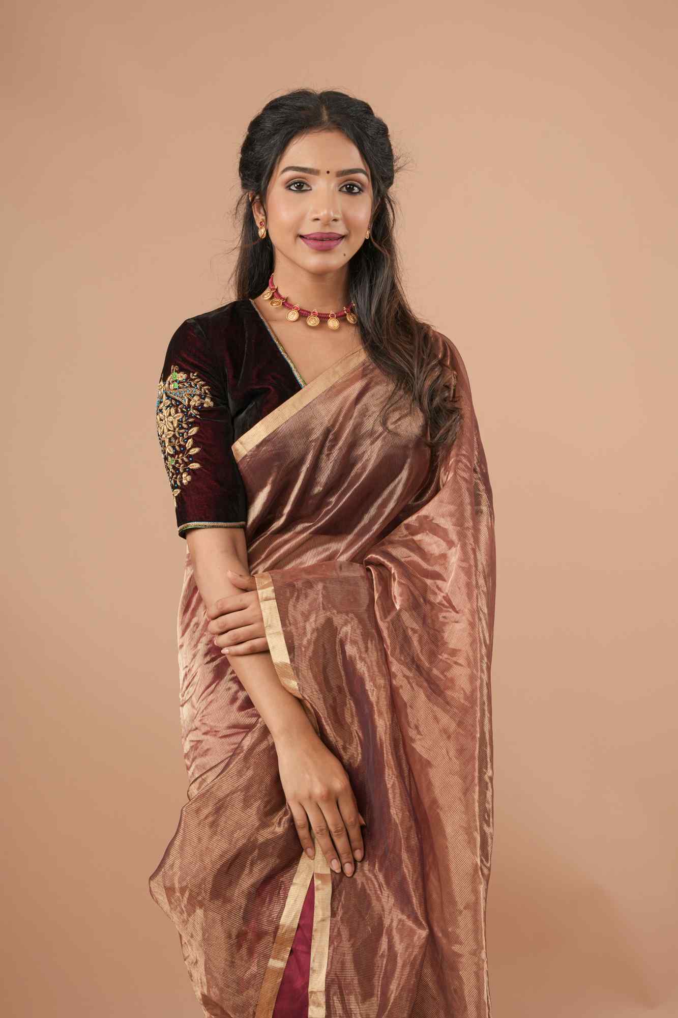 Pre drape Exquisite Half and Half Maroon and Zari Tissue Maheshwari Silk Cotton Saree