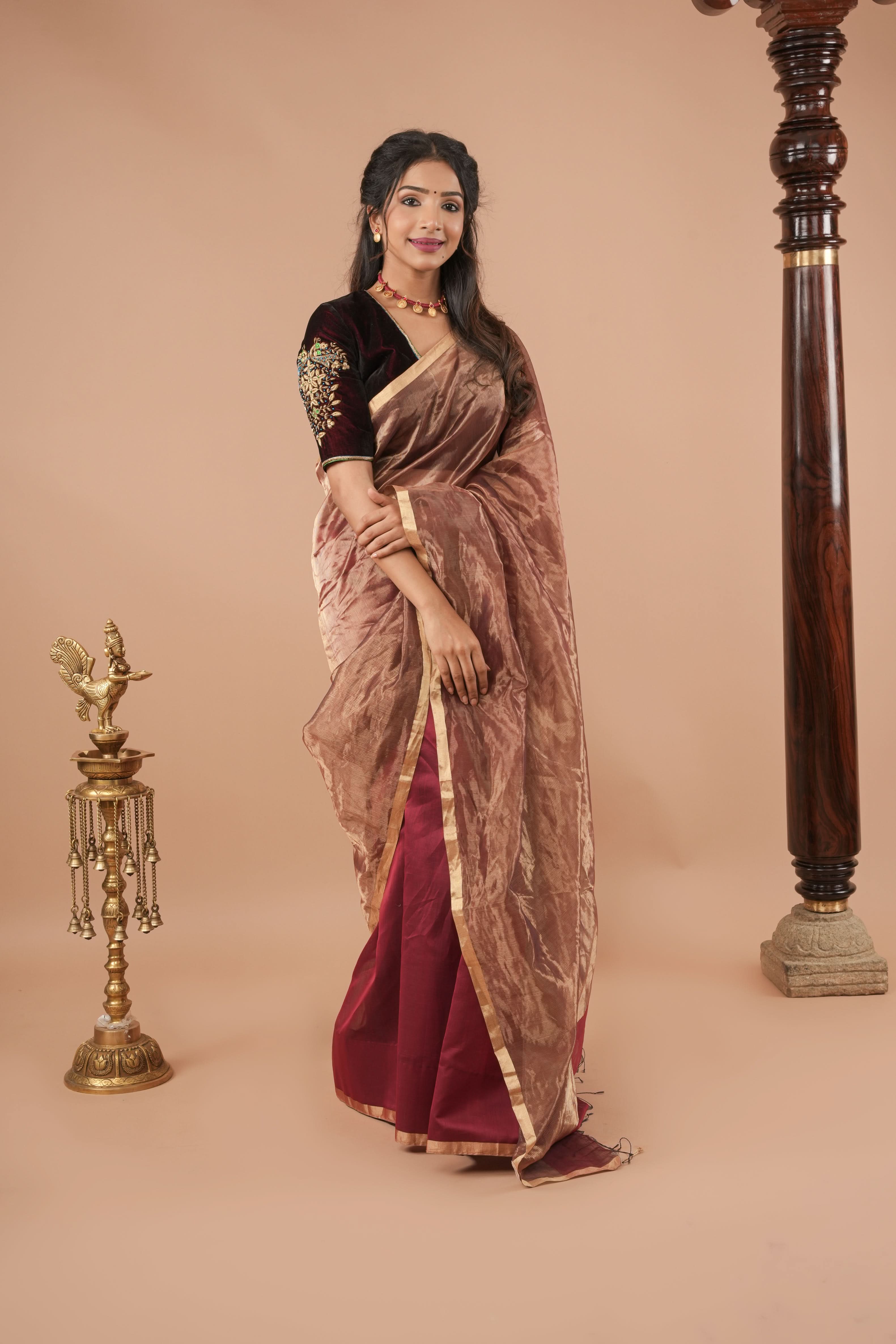Exquisite Half and Half Maroon and Zari Tissue Maheshwari Silk Cotton Saree | Shobitam