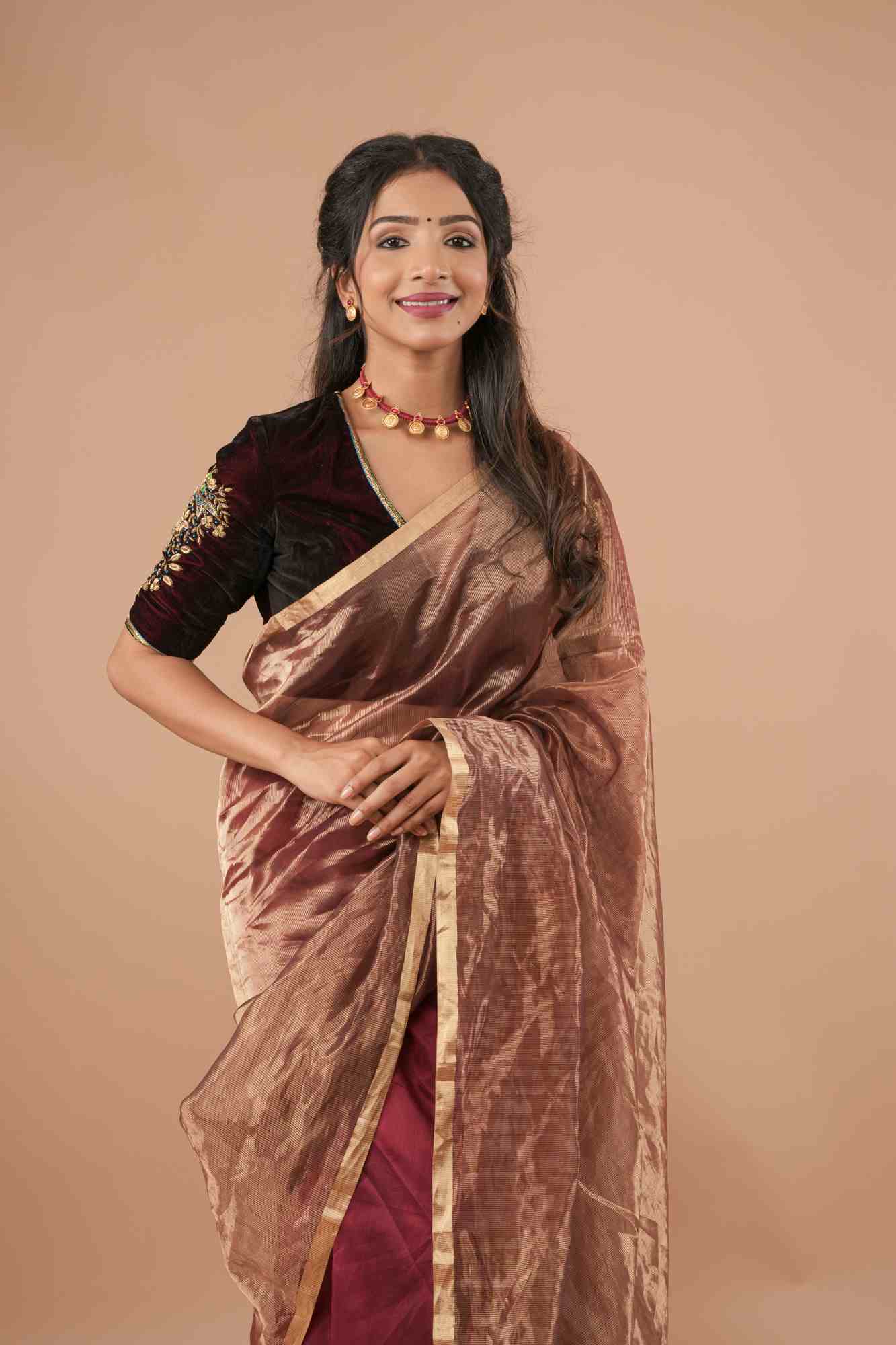 Pre drape Exquisite Half and Half Maroon and Zari Tissue Maheshwari Silk Cotton Saree