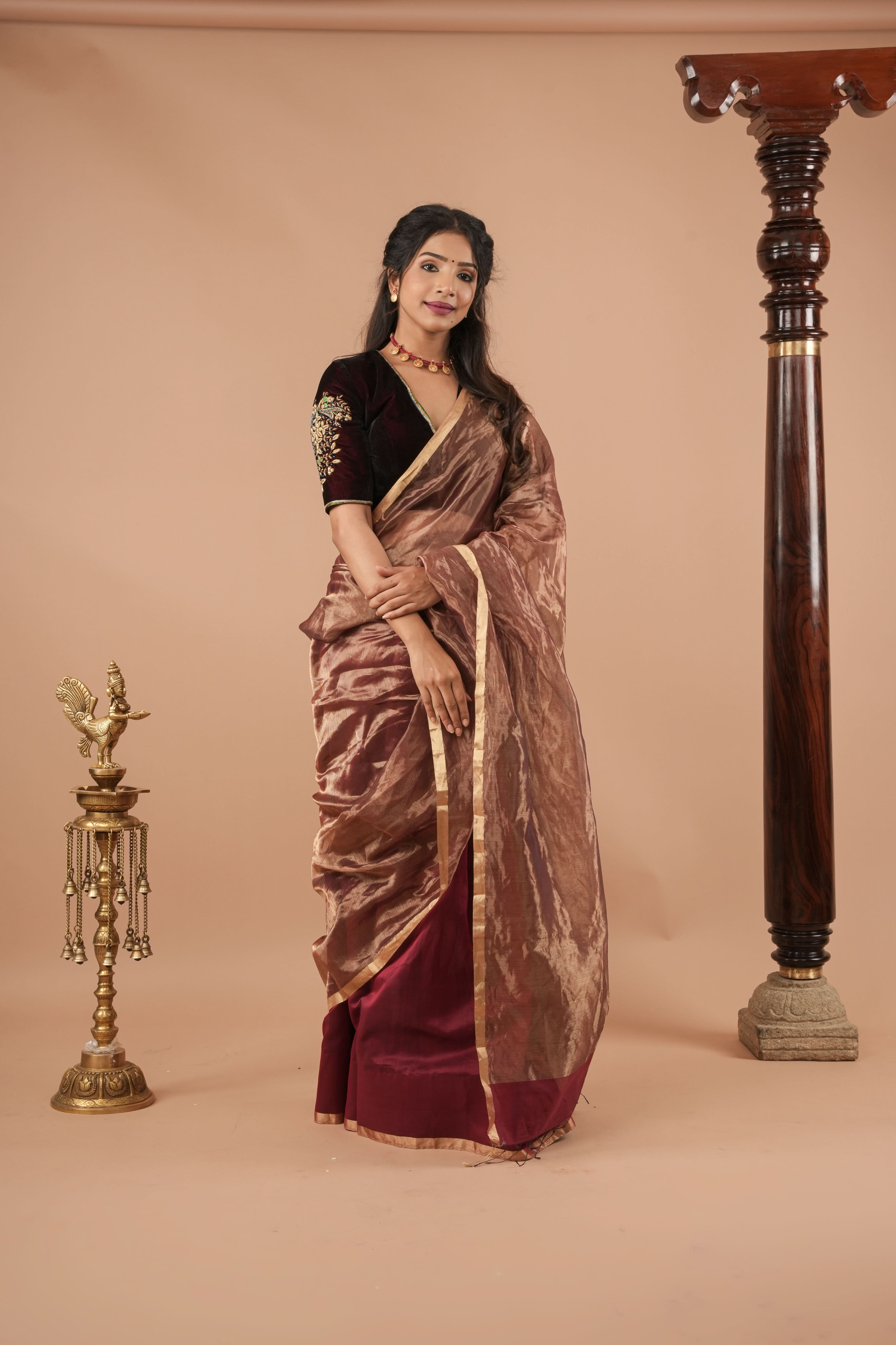 Exquisite Half and Half Maroon and Zari Tissue Maheshwari Silk Cotton Saree | Shobitam