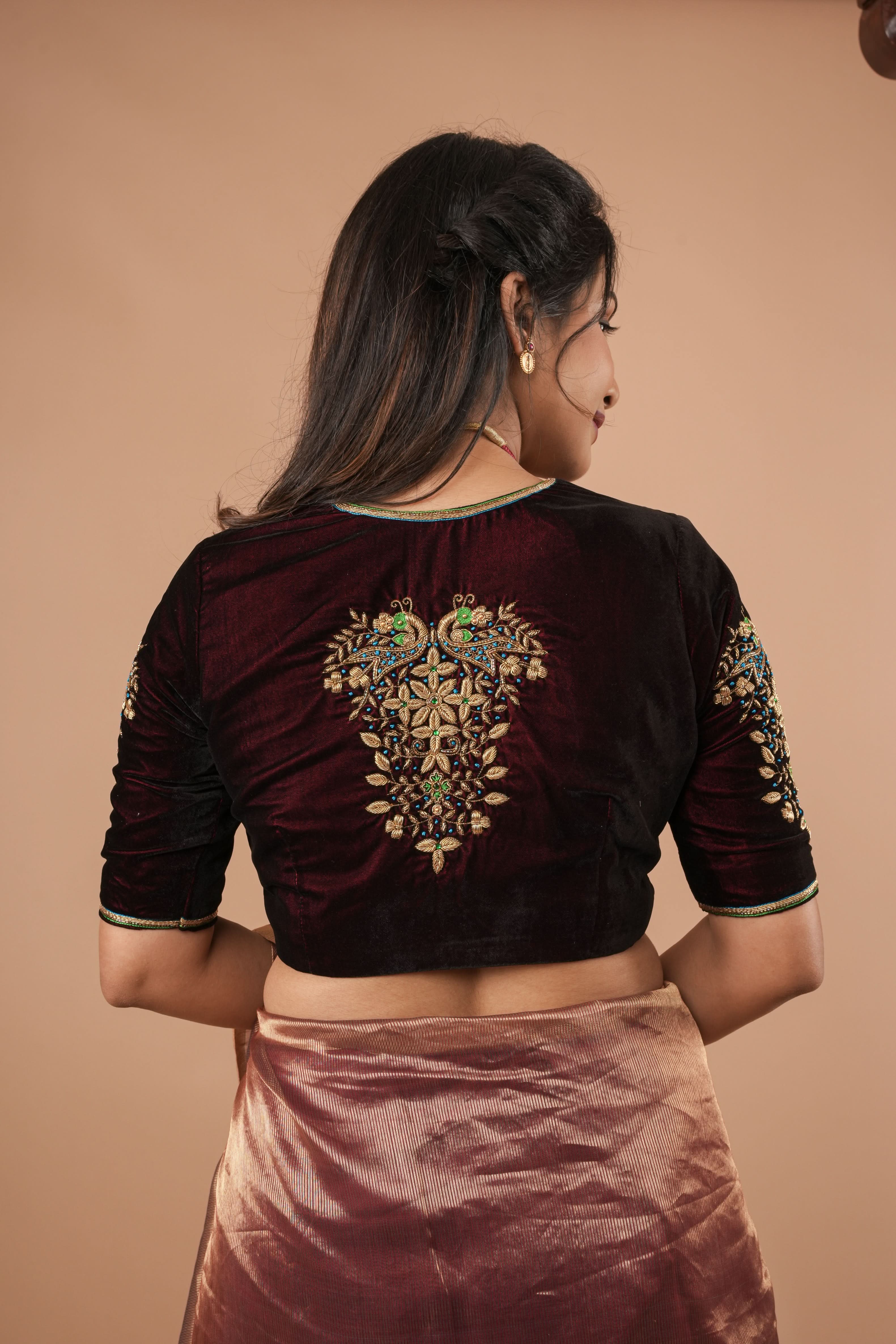 Maroon Velvet Blouse with Zardosi Work,  Mix and Match Blouse for saree, Made to Order | SHOBITAM