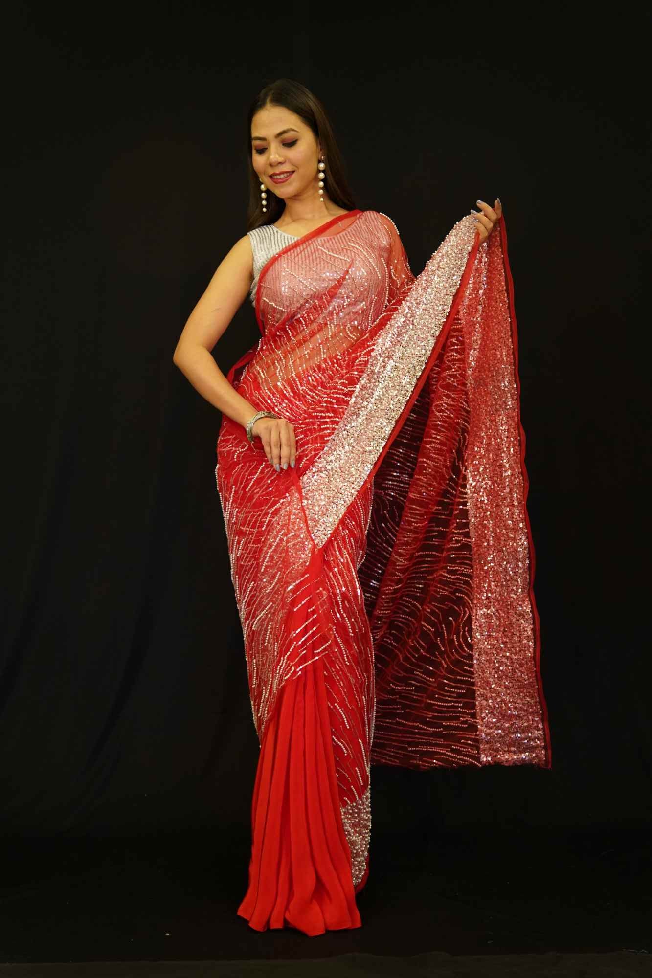 2 Designer Palla In 1 Saree in mekhla Chador Style  party Wear Pre Drape Saree