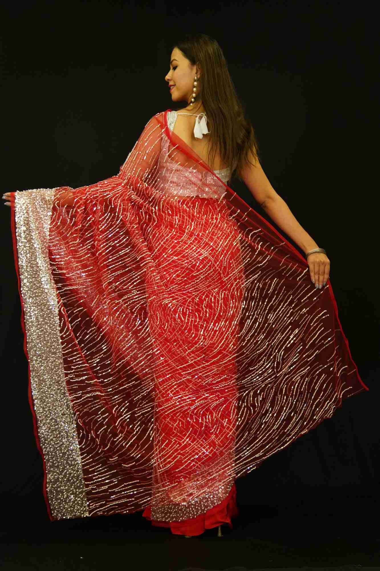 Gorgeous Half and Half Net  Embellished With  Moti Cutdana & Sequence Work Pallu Pre Pleated Saree