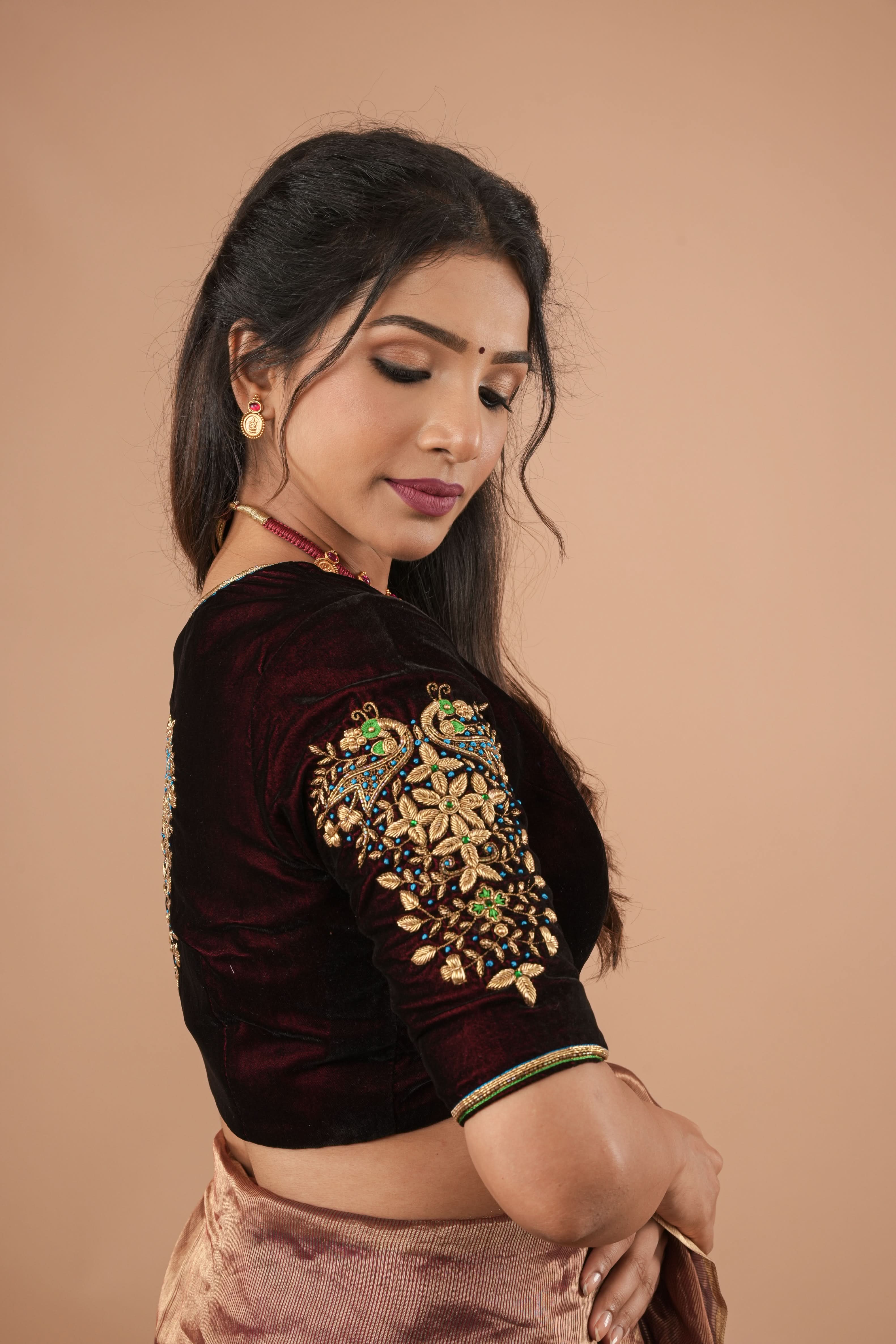 Maroon Velvet Blouse with Zardosi Work,  Mix and Match Blouse for saree, Made to Order | SHOBITAM