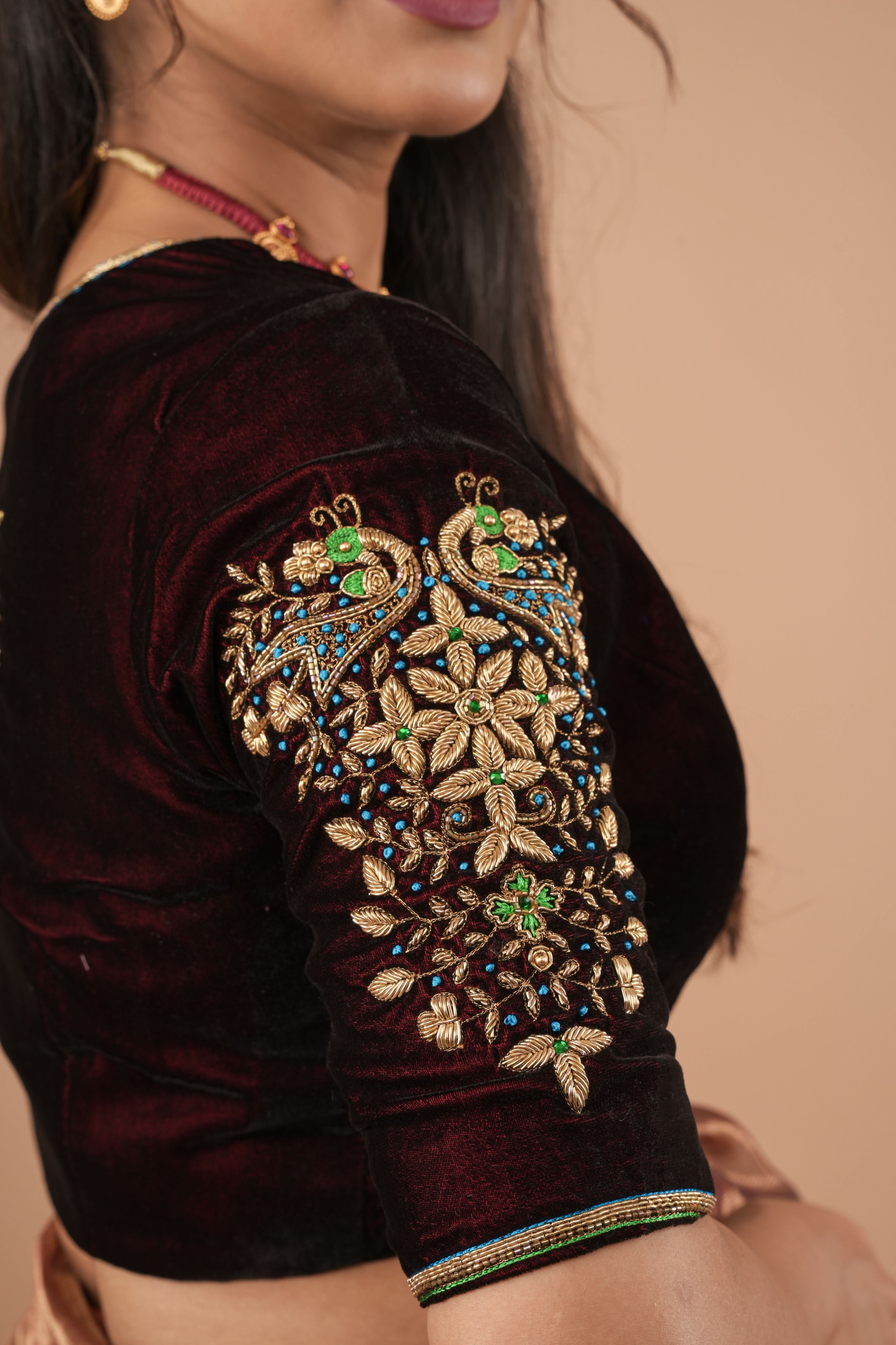 Maroon Velvet Blouse with Zardosi Work,  Mix and Match Blouse for saree, Made to Order | SHOBITAM