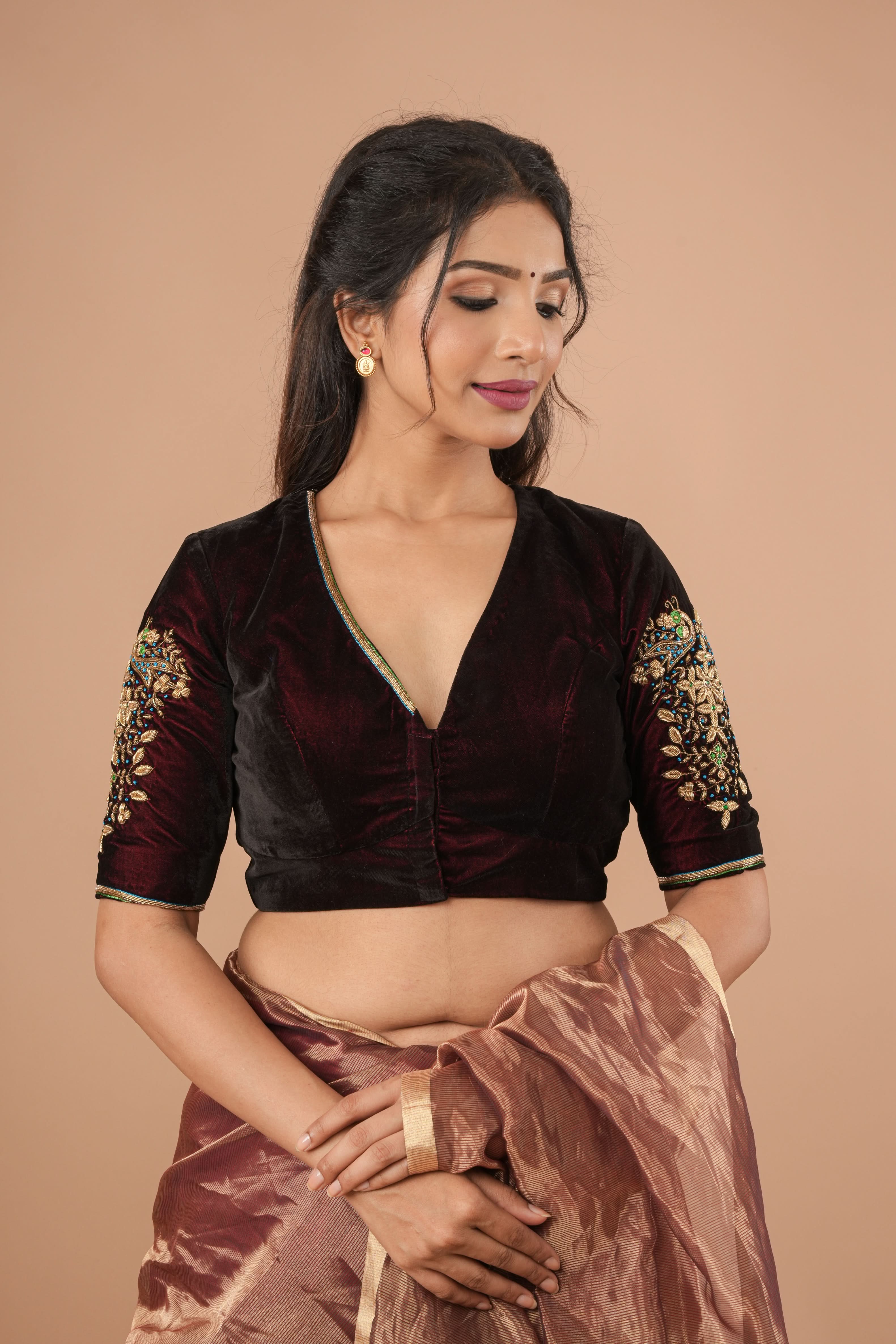 Maroon Velvet Blouse with Zardosi Work,  Mix and Match Blouse for saree, Made to Order | SHOBITAM