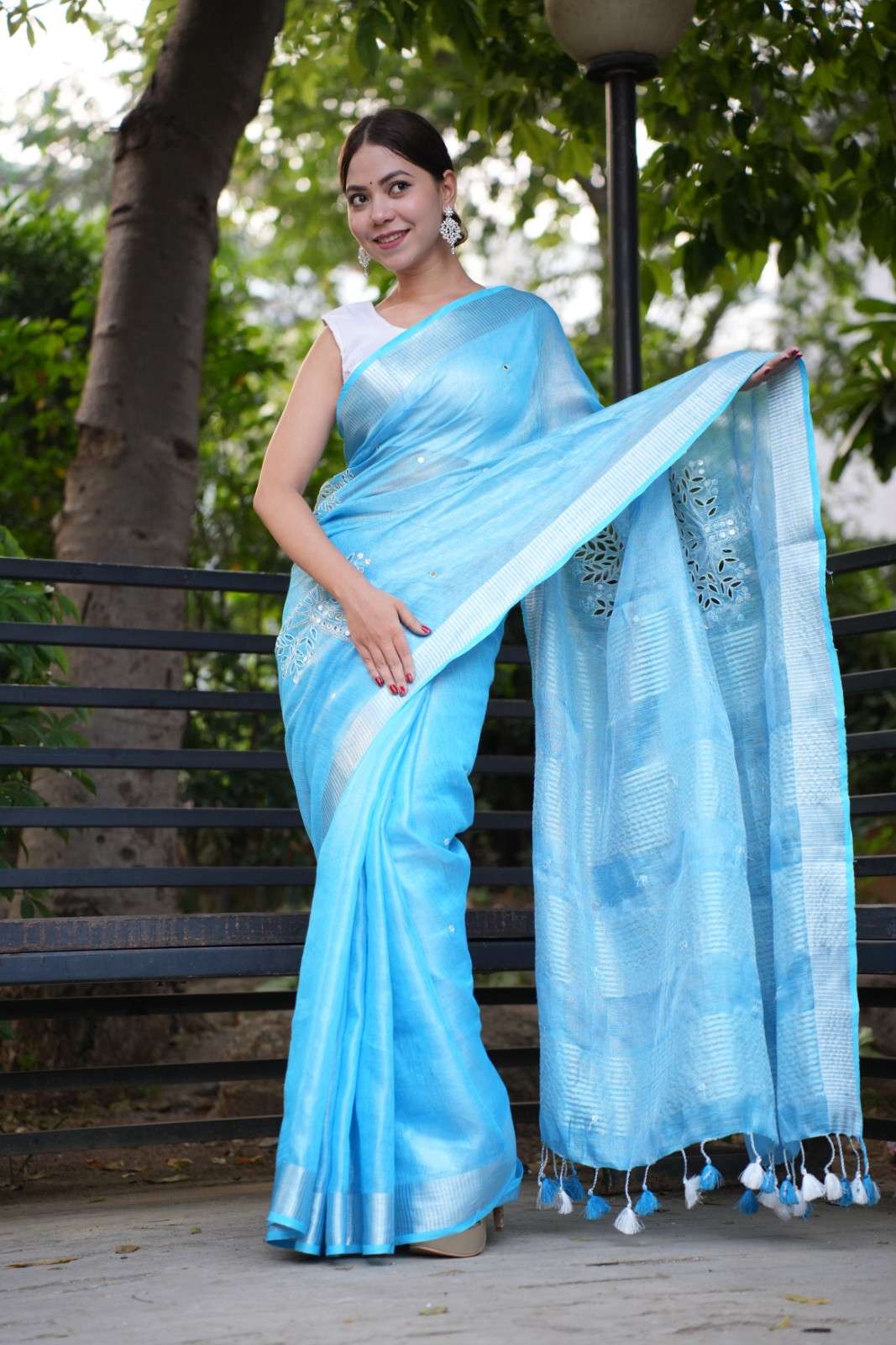 Pure Firozi Handloom Bhagalpuri Silk With Silver  Cut Work  & Mirror Embroidered Wrap In 1 Minute Saree