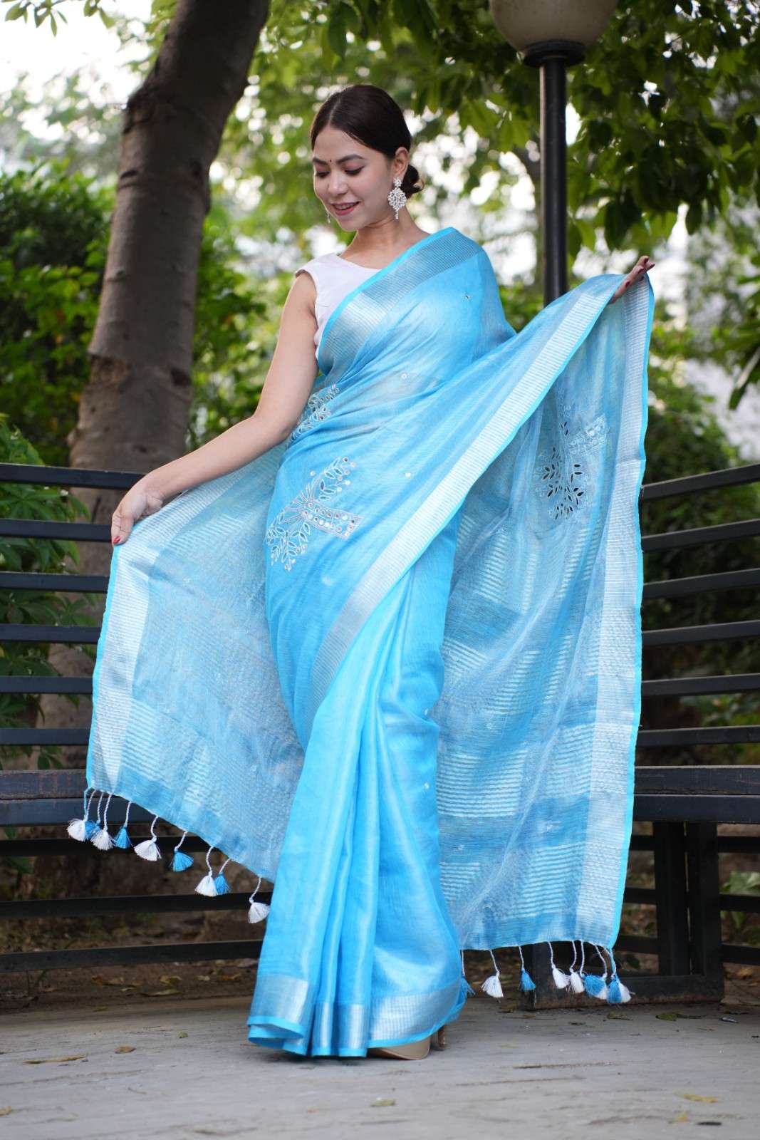 Pure Firozi Handloom Bhagalpuri Silk With Silver  Cut Work  & Mirror Embroidered Wrap In 1 Minute Saree